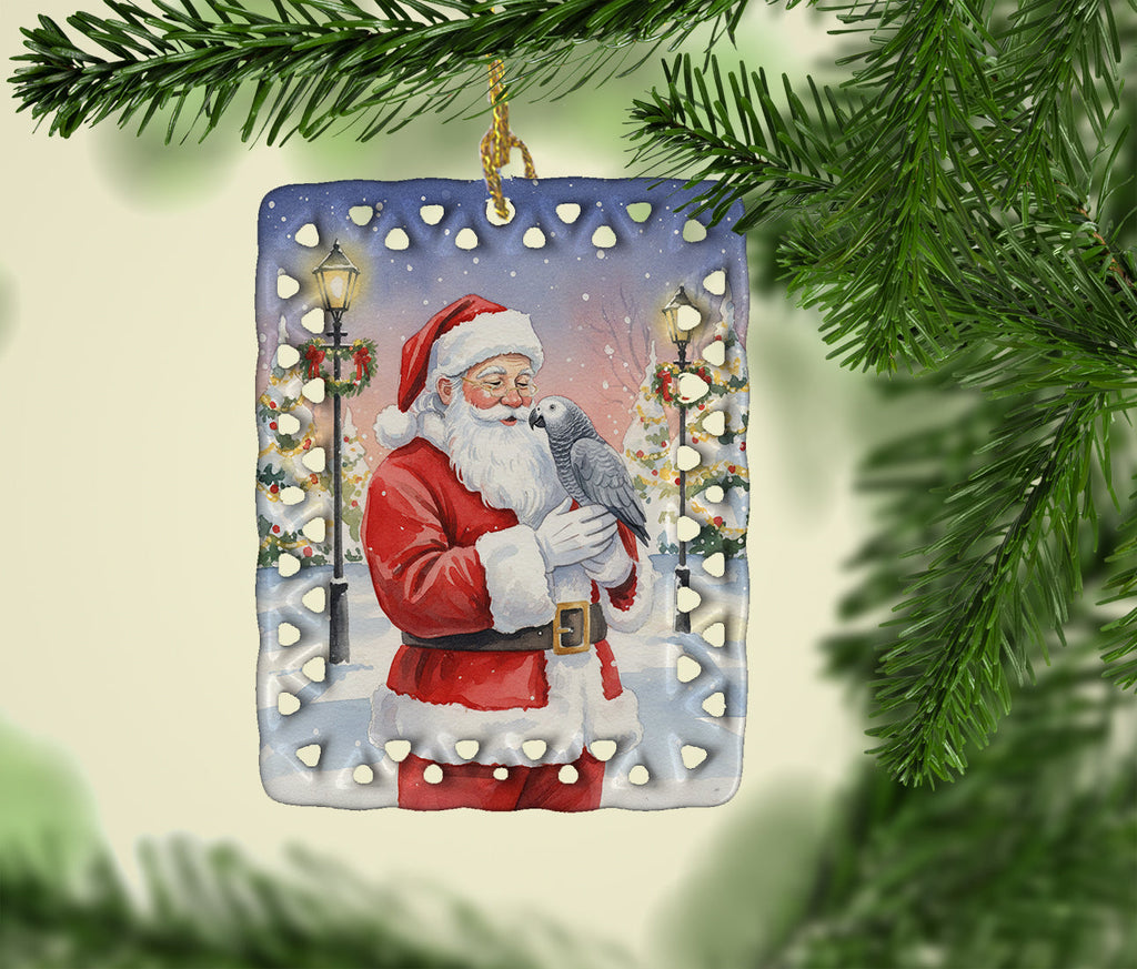 African Grey Parrot with Santa Claus Porcelain Ornament Christmas Tree Hanging Decorations for Home Christmas Holiday, Rectangle, Gift, Multicolor