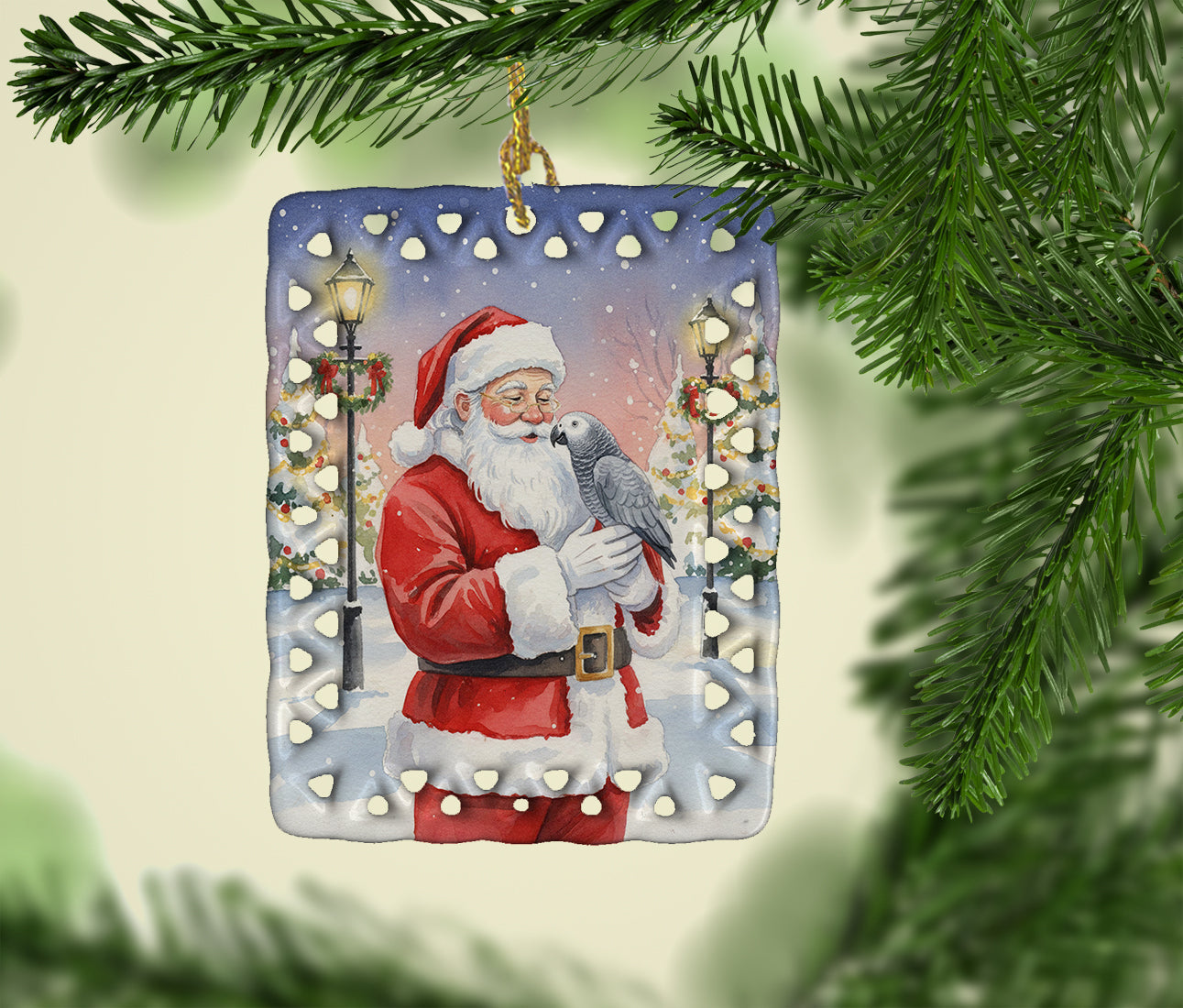 African Grey Parrot with Santa Claus Porcelain Ornament Christmas Tree Hanging Decorations for Home Christmas Holiday, Rectangle, Gift, Multicolor