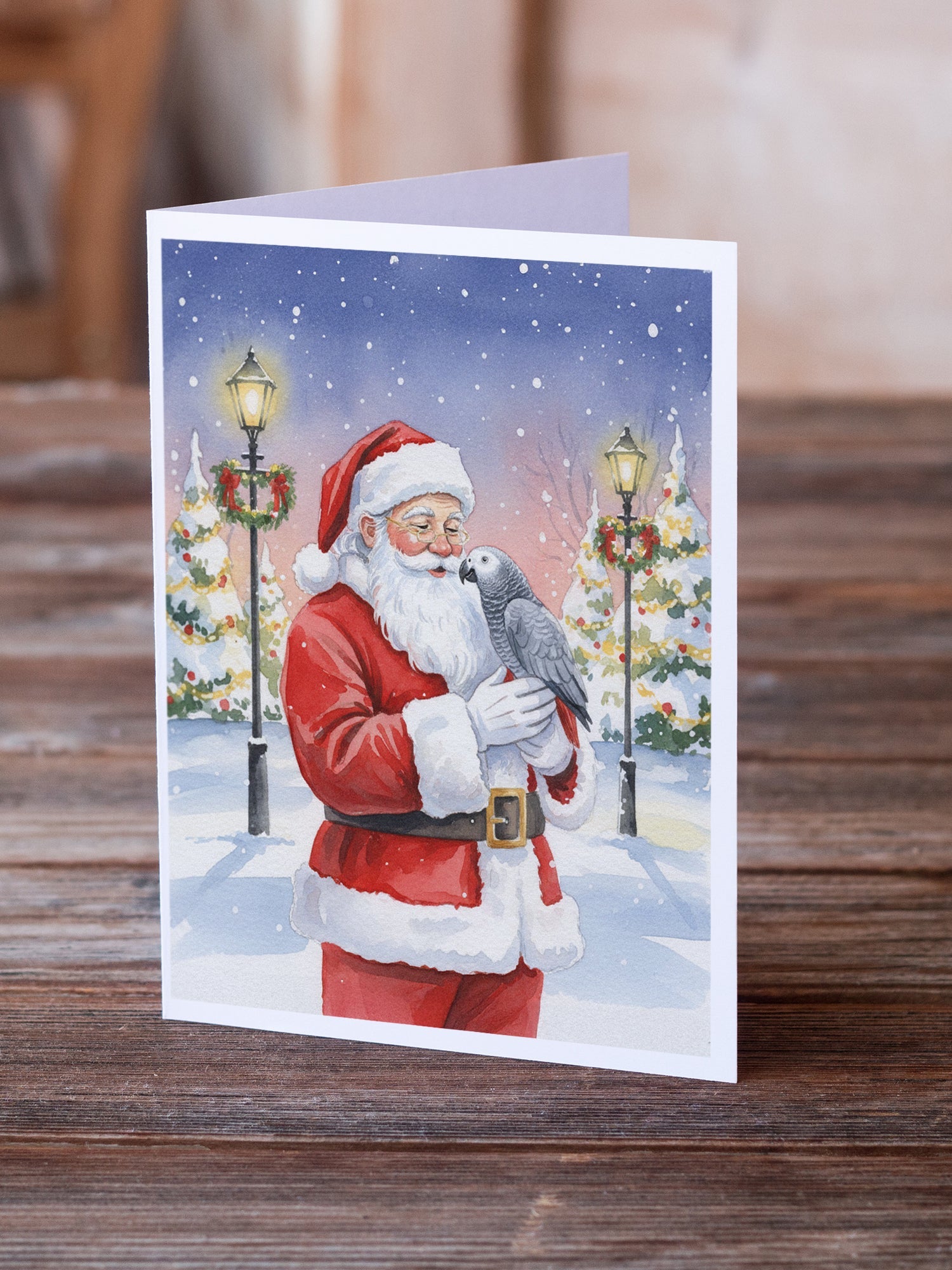 African Grey Parrot with Santa Claus Greeting Cards Pack of 8 Blank Cards with Envelopes Whimsical A7 Size 5x7