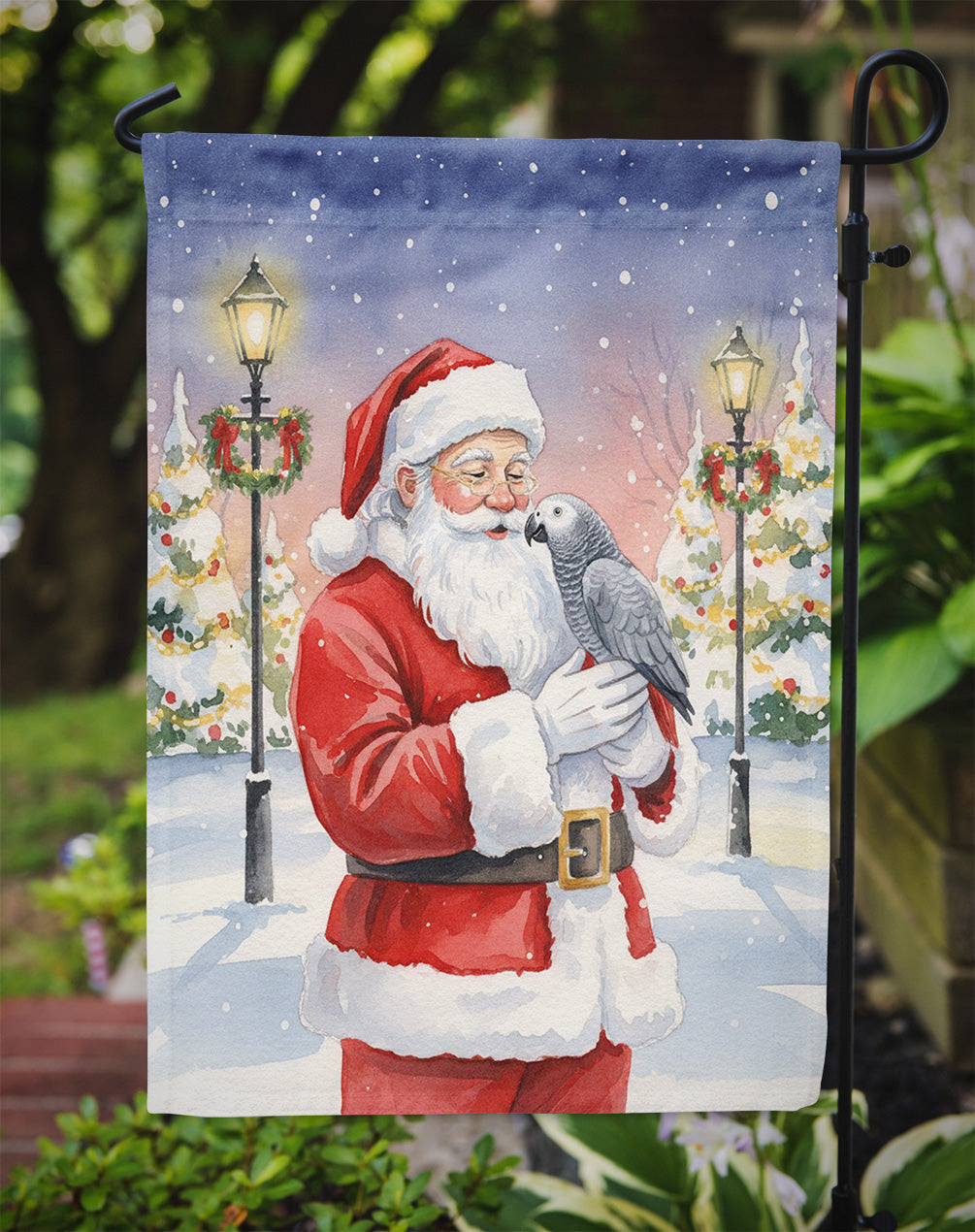 African Grey Parrot with Santa Claus Garden Flag Mailbox Decorative Yard Banner Outside Patio Artwork for Flower Beds, Garden Size, Multicolor