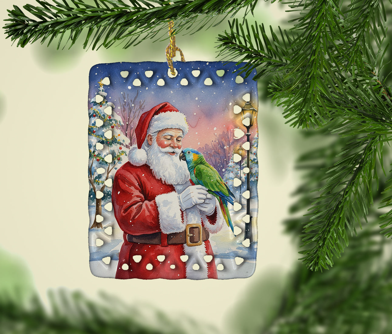 Amazon Parrot with Santa Claus Porcelain Ornament Christmas Tree Hanging Decorations for Home Christmas Holiday, Rectangle, Gift, Multicolor
