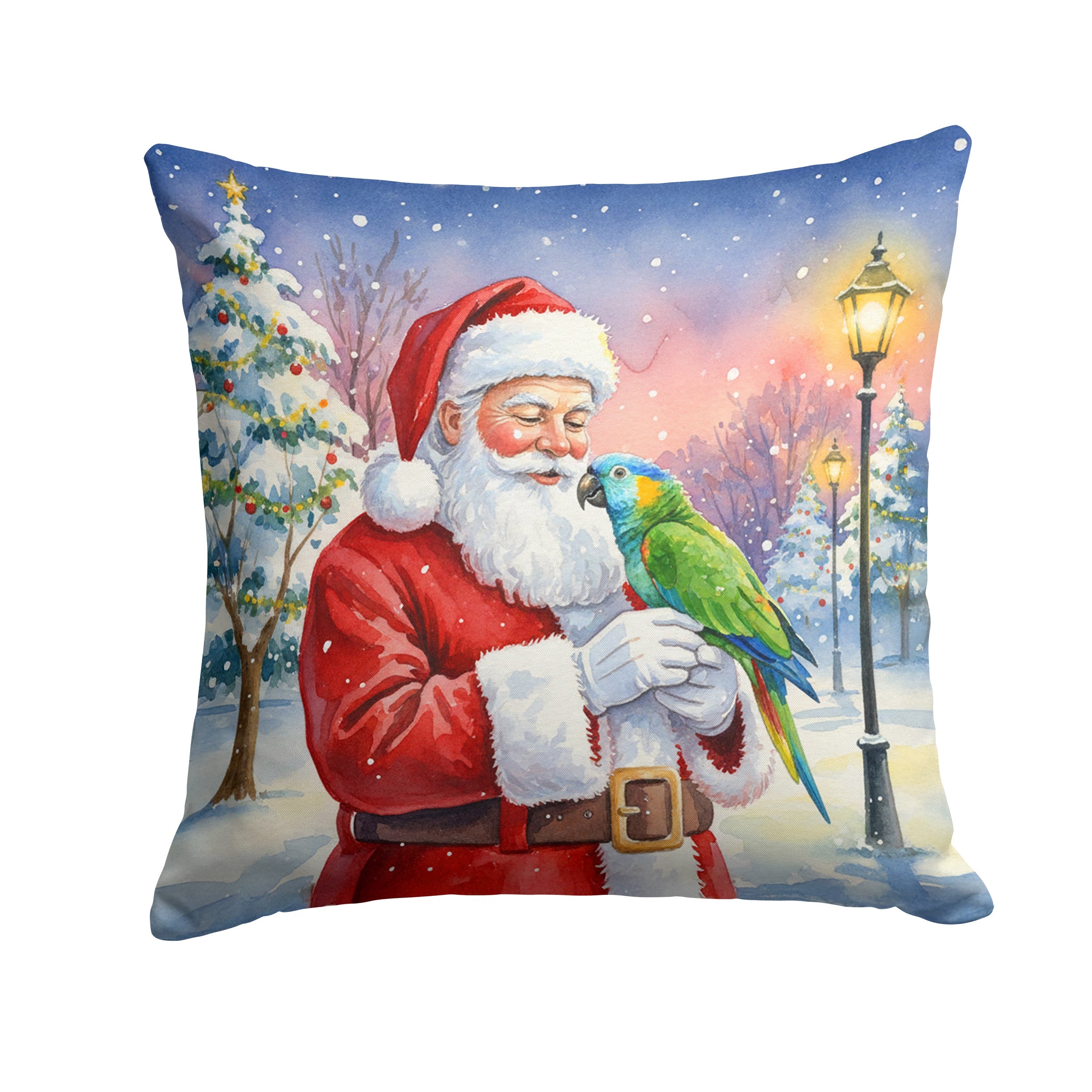 Amazon Parrot with Santa Claus Decorative Throw Pillow 14x14 Indoor Outdoor Accent Cushion, Fabric Cover with Insert for Sofa, Bed, Porch & Living Room