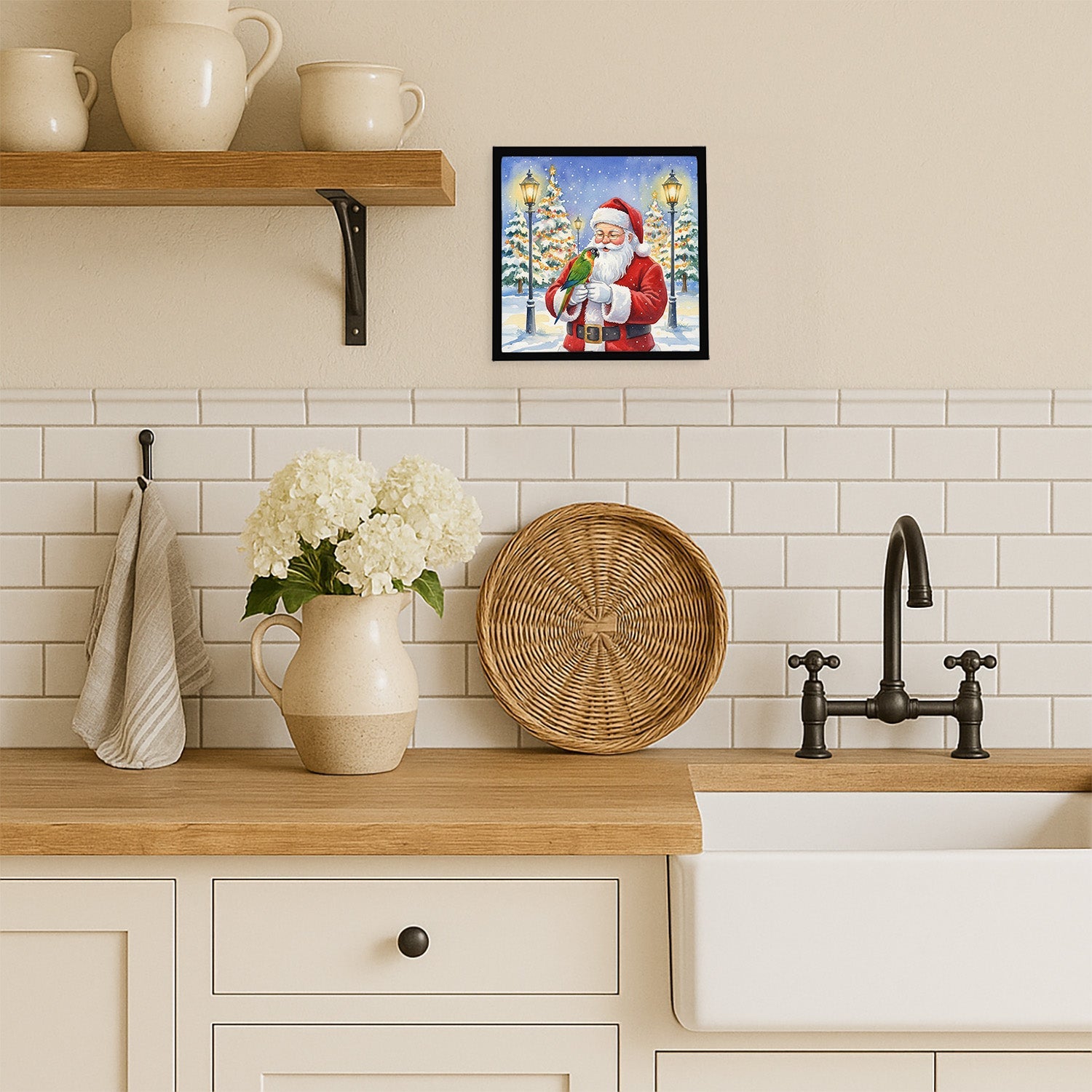 Black-Headed Caique with Santa Claus Framed Metal Print Bathroom, Kitchen, Office, Home Decor Wall Art Ready to Hang, Square, 8X8