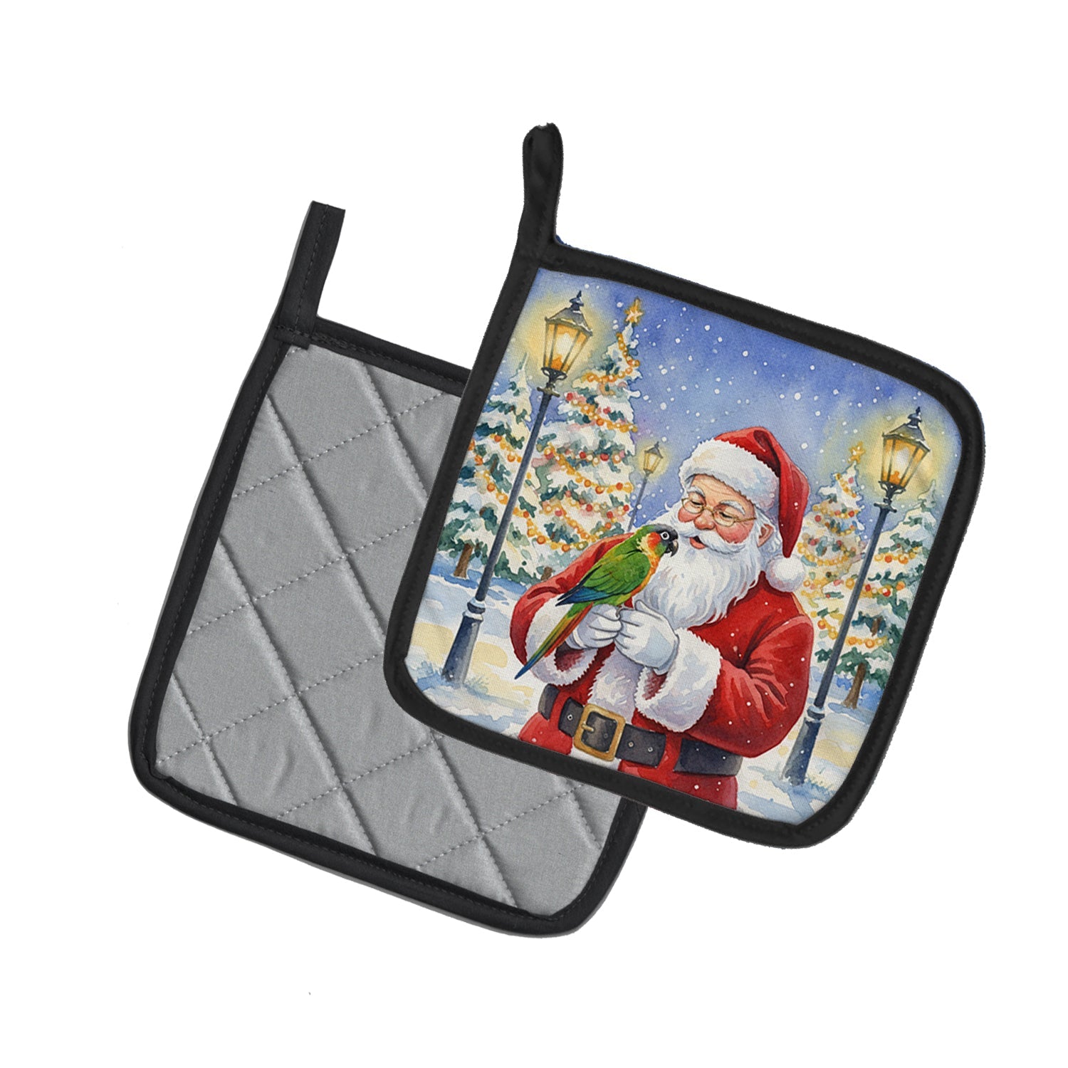 Black-Headed Caique with Santa Claus Pot Holder Set of 2 Heat Resistant Quilted Hot Pads 7.5 x 7.5 Inch, Insulated Kitchen Trivets for Cooking & Baking