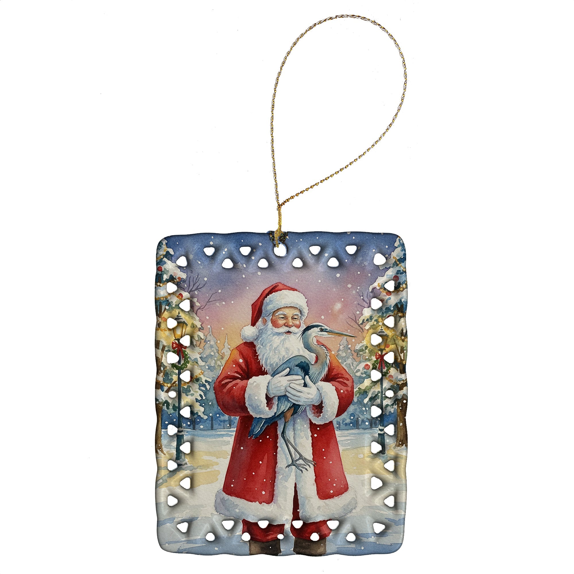 Blue Heron with Santa Claus Porcelain Ornament Christmas Tree Hanging Decorations for Home Christmas Holiday, Rectangle, Gift, Multicolor