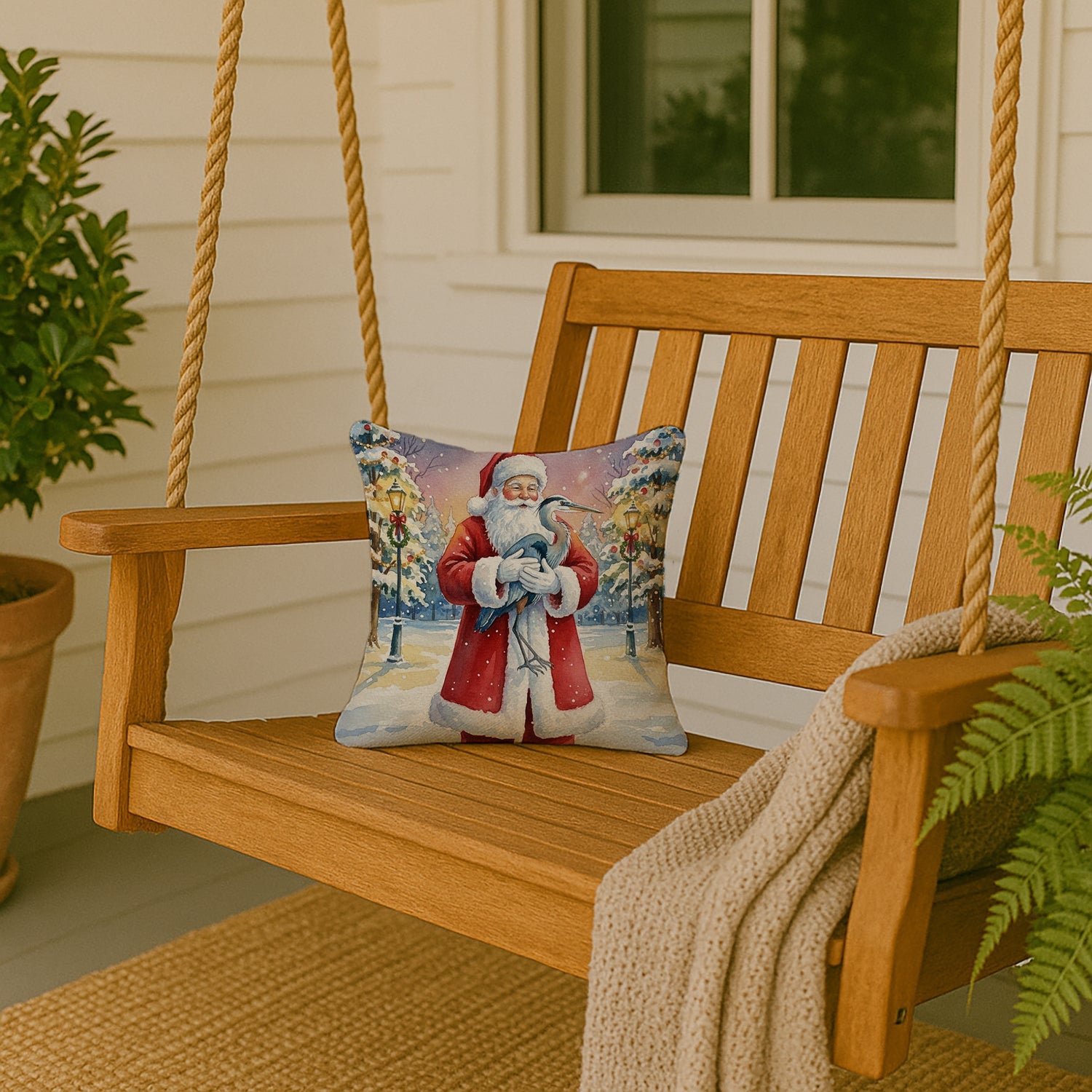 Blue Heron with Santa Claus Decorative Throw Pillow 14x14 Indoor Outdoor Accent Cushion, Fabric Cover with Insert for Sofa, Bed, Porch & Living Room