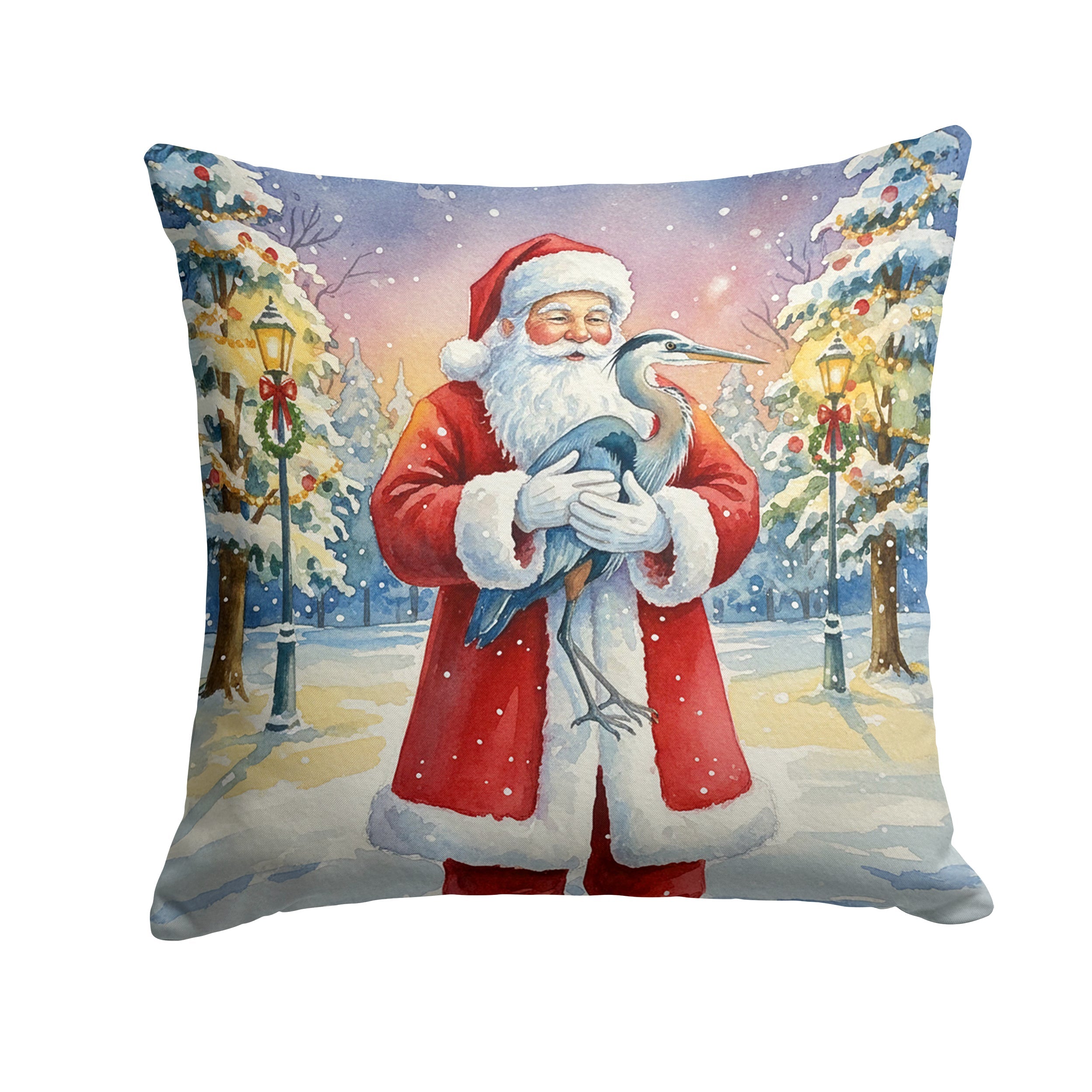 Blue Heron with Santa Claus Decorative Throw Pillow 18x18 Indoor Outdoor Accent Cushion, Fabric Cover with Insert for Sofa, Bed, Porch & Living Room