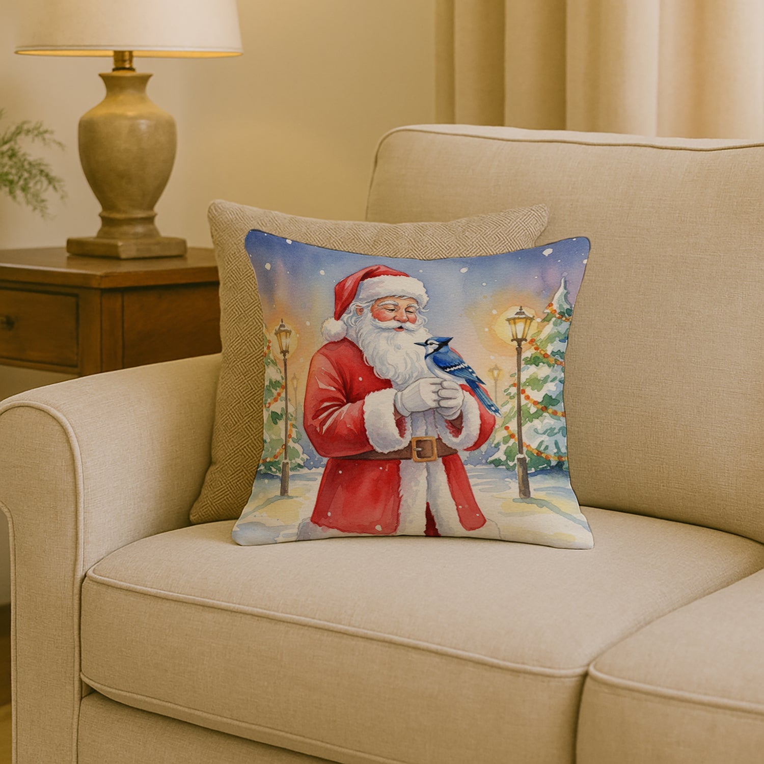 Blue Jay with Santa Claus Decorative Throw Pillow 18x18 Indoor Outdoor Accent Cushion, Fabric Cover with Insert for Sofa, Bed, Porch & Living Room
