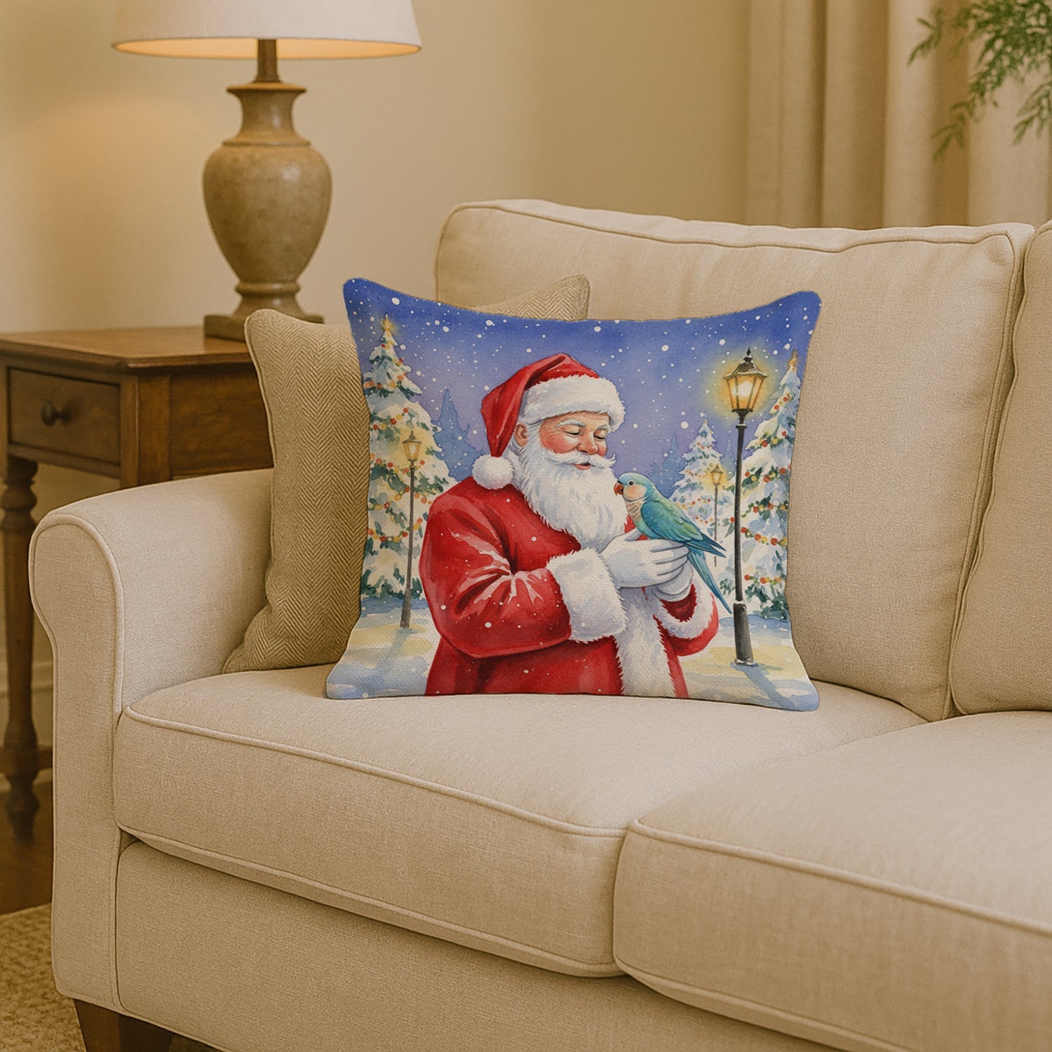 Blue Quaker with Santa Claus Decorative Throw Pillow 14x14 Indoor Outdoor Accent Cushion, Fabric Cover with Insert for Sofa, Bed, Porch & Living Room