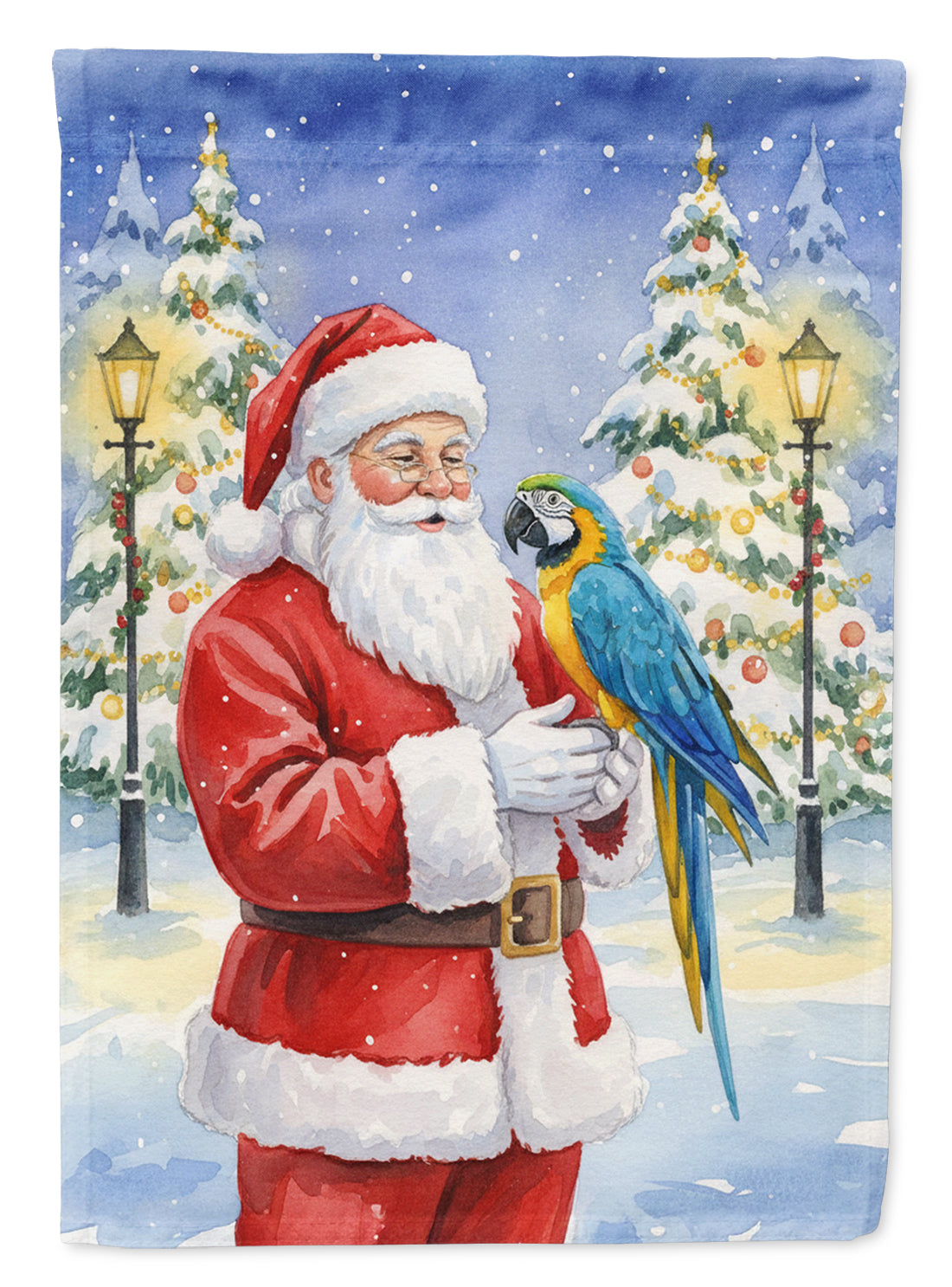 Blue and Gold Macaw Parrot with Santa Claus House Flag 28x40 Porch Sleeve Pole Decorative Outside Yard Banner Artwork Wall Hanging, Polyester
