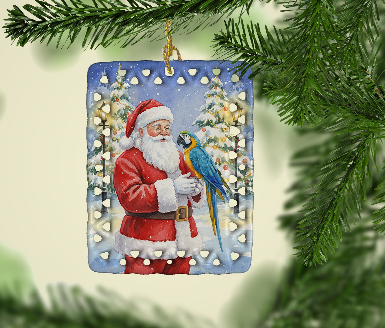 Blue and Gold Macaw Parrot with Santa Claus Porcelain Ornament Christmas Tree Hanging Decorations for Home Christmas Holiday, Rectangle, Gift, Multicolor
