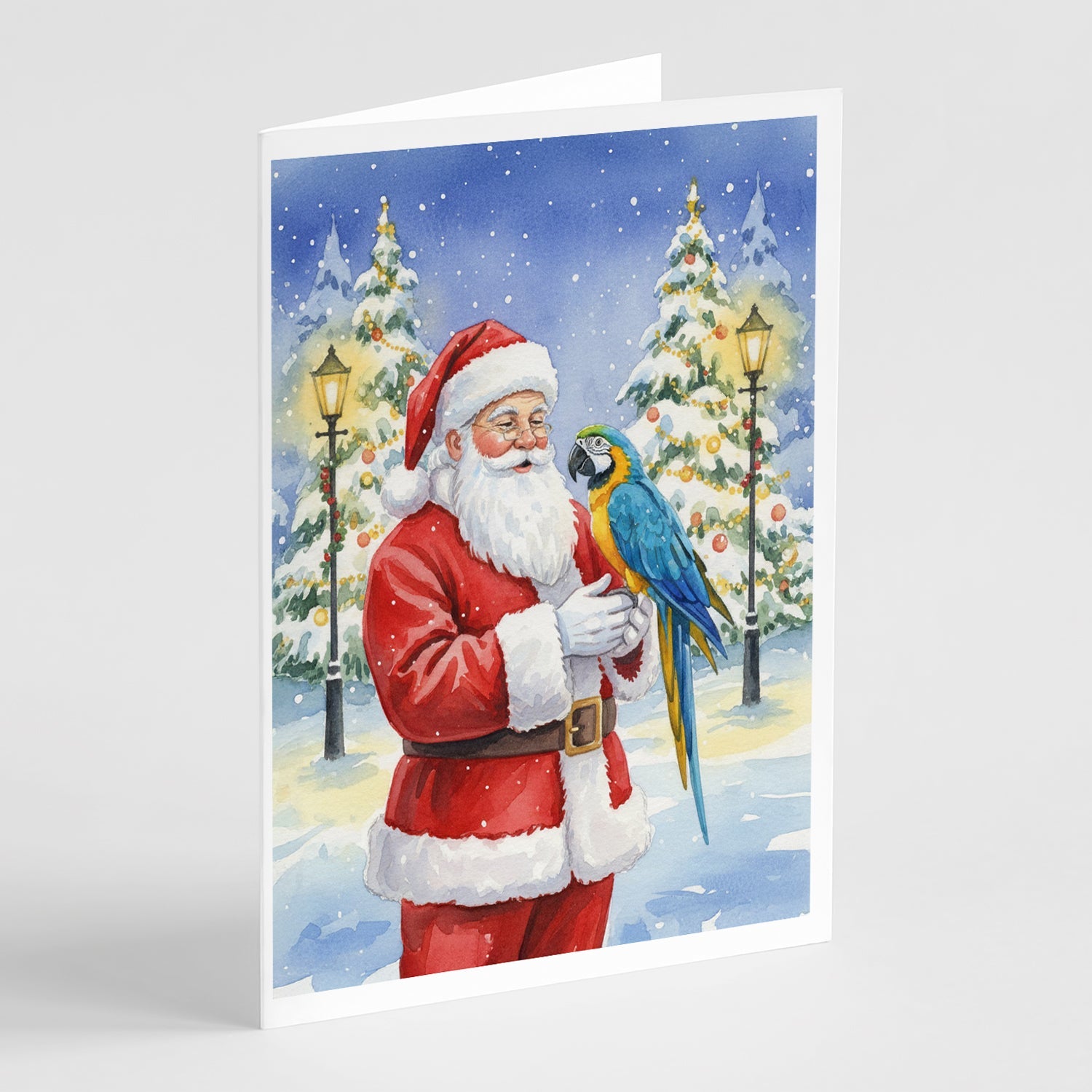Blue and Gold Macaw Parrot with Santa Claus Greeting Cards Pack of 8 Blank Cards with Envelopes Whimsical A7 Size 5x7