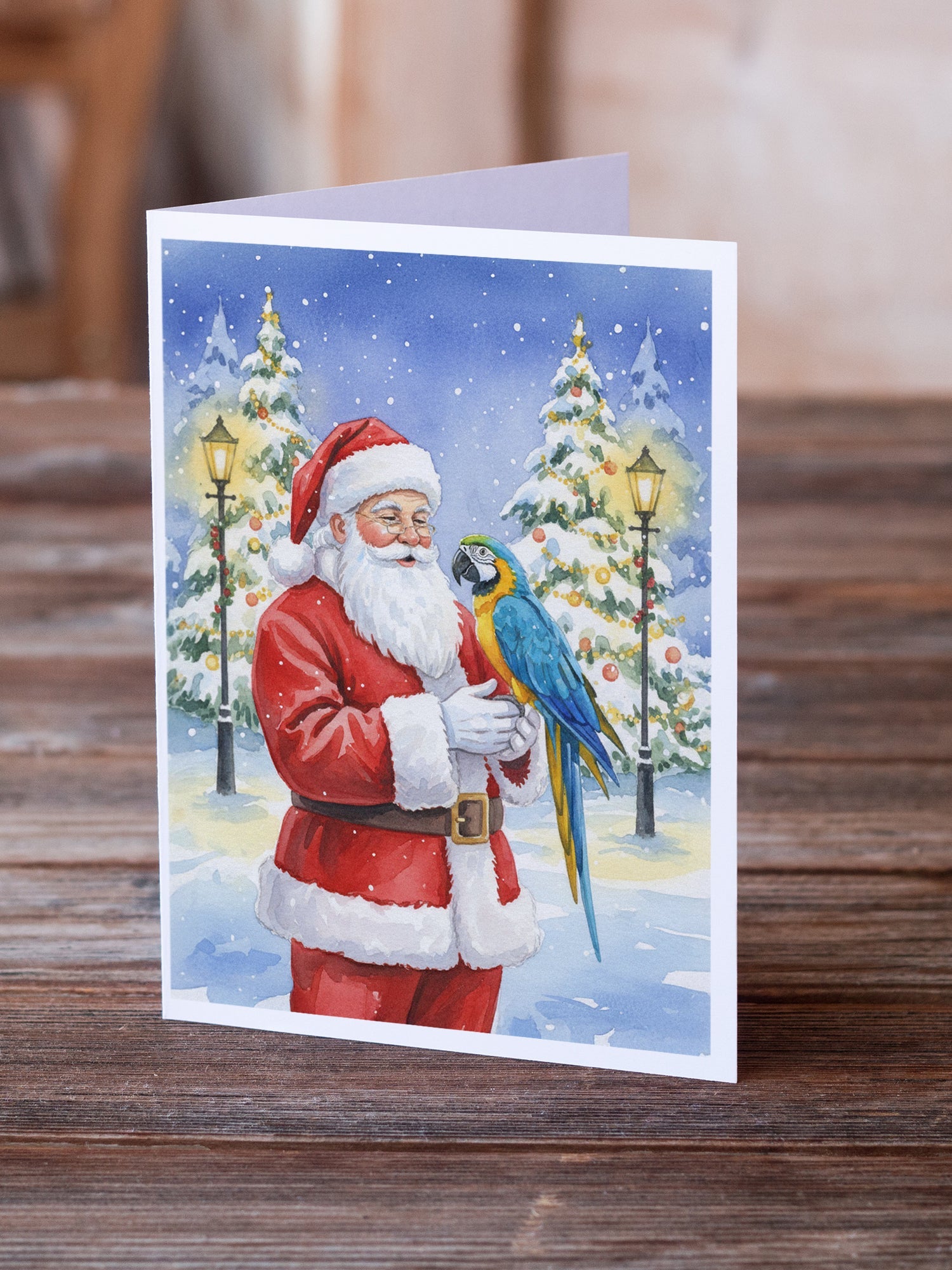 Blue and Gold Macaw Parrot with Santa Claus Greeting Cards Pack of 8 Blank Cards with Envelopes Whimsical A7 Size 5x7