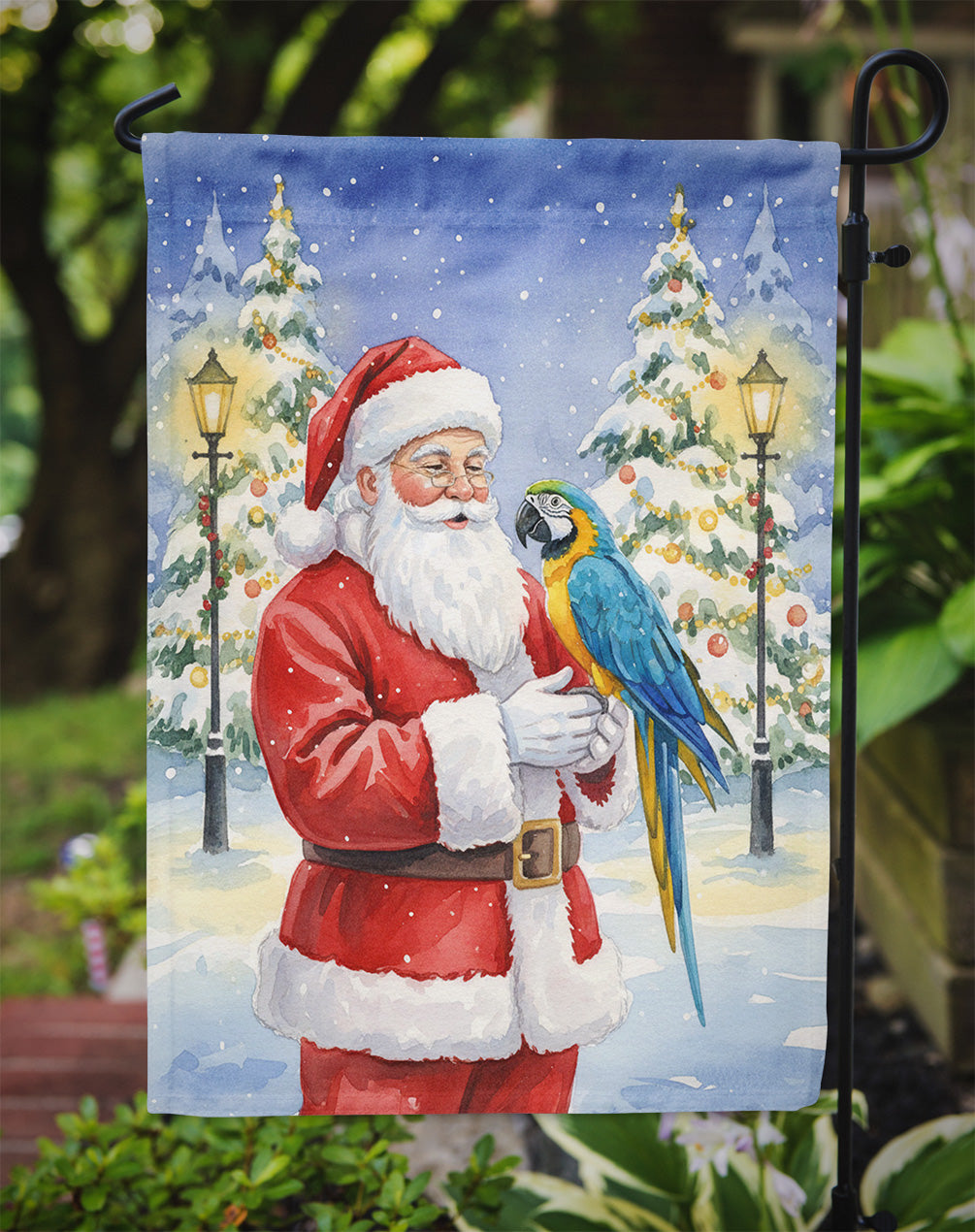 Blue and Gold Macaw Parrot with Santa Claus Garden Flag Mailbox Decorative Yard Banner Outside Patio Artwork for Flower Beds, Garden Size, Multicolor
