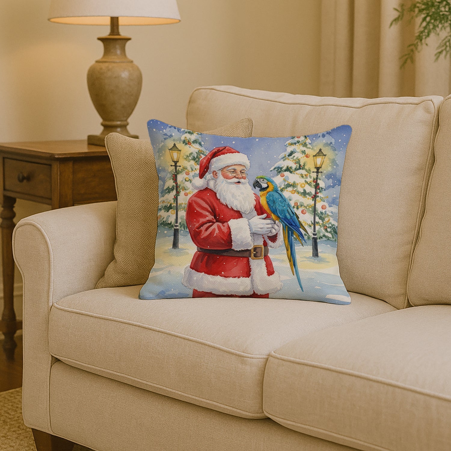 Blue and Gold Macaw Parrot with Santa Claus Decorative Throw Pillow 14x14 Indoor Outdoor Accent Cushion, Fabric Cover with Insert for Sofa, Bed, Porch & Living Room