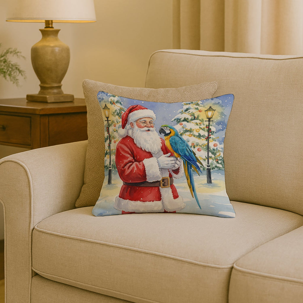 Blue and Gold Macaw Parrot with Santa Claus Decorative Throw Pillow 18x18 Indoor Outdoor Accent Cushion, Fabric Cover with Insert for Sofa, Bed, Porch & Living Room