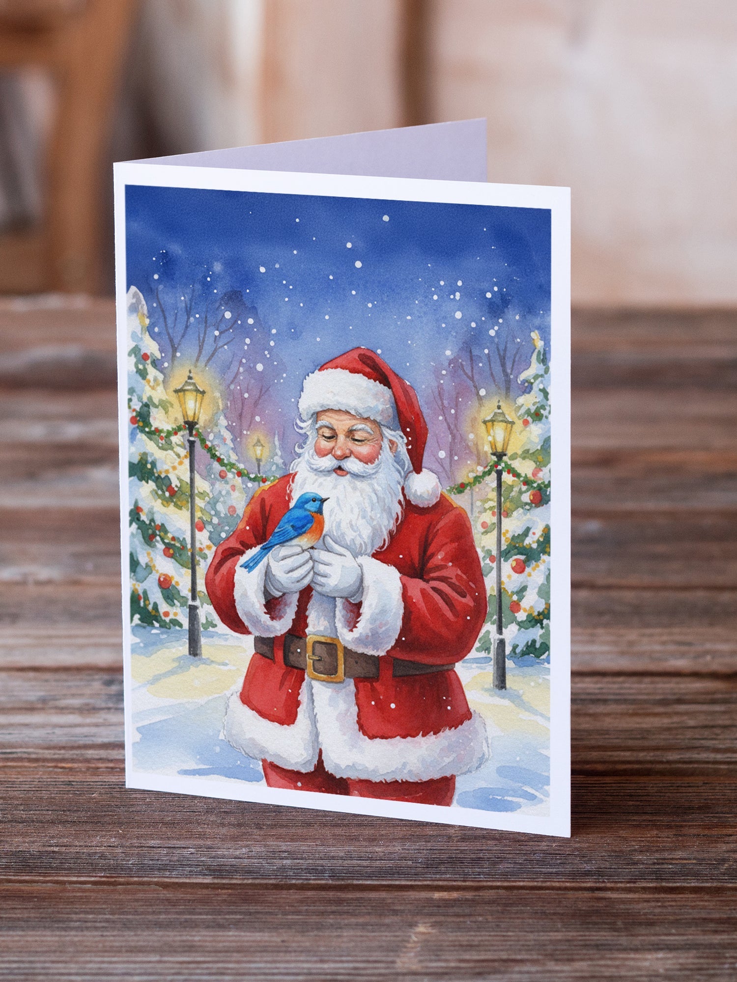 Bluebird with Santa Claus Greeting Cards Pack of 8 Blank Cards with Envelopes Whimsical A7 Size 5x7