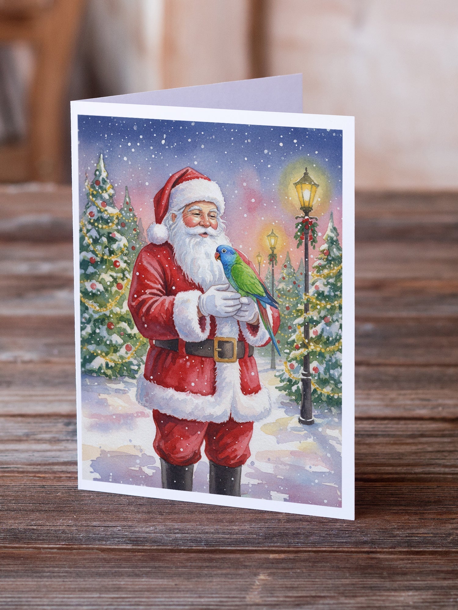 Blue Headed Pionus Parrot with Santa Claus Greeting Cards Pack of 8 Blank Cards with Envelopes Whimsical A7 Size 5x7
