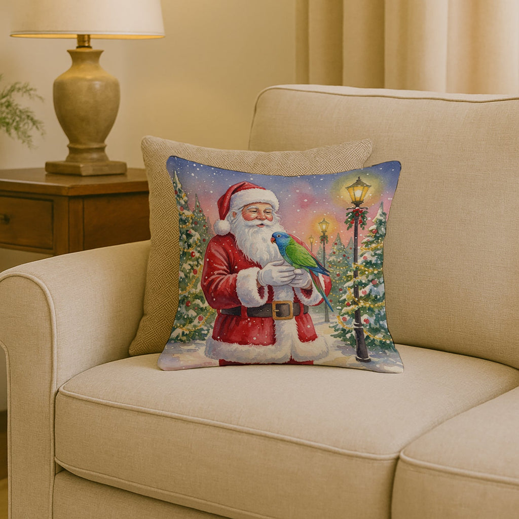Blue Headed Pionus Parrot with Santa Claus Decorative Throw Pillow 18x18 Indoor Outdoor Accent Cushion, Fabric Cover with Insert for Sofa, Bed, Porch & Living Room
