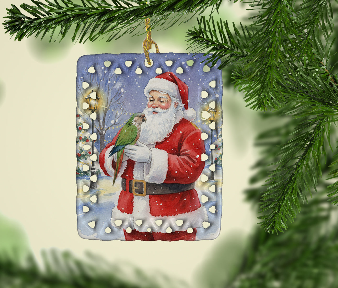 Brown Headed Pionus Parrot with Santa Claus Porcelain Ornament Christmas Tree Hanging Decorations for Home Christmas Holiday, Rectangle, Gift, Multicolor