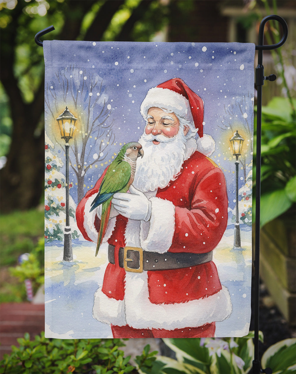 Brown Headed Pionus Parrot with Santa Claus Garden Flag Mailbox Decorative Yard Banner Outside Patio Artwork for Flower Beds, Garden Size, Multicolor