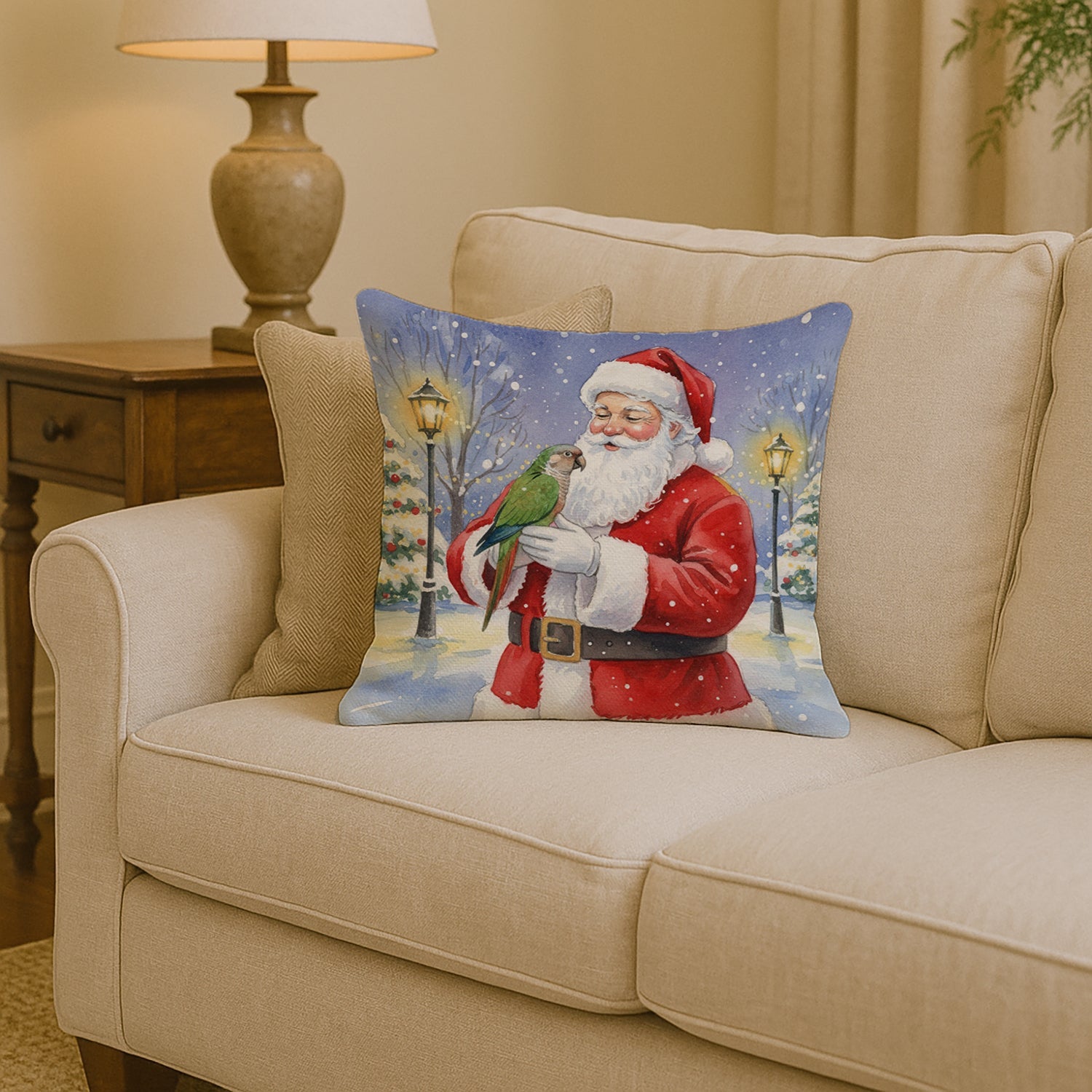 Brown Headed Pionus Parrot with Santa Claus Decorative Throw Pillow 14x14 Indoor Outdoor Accent Cushion, Fabric Cover with Insert for Sofa, Bed, Porch & Living Room