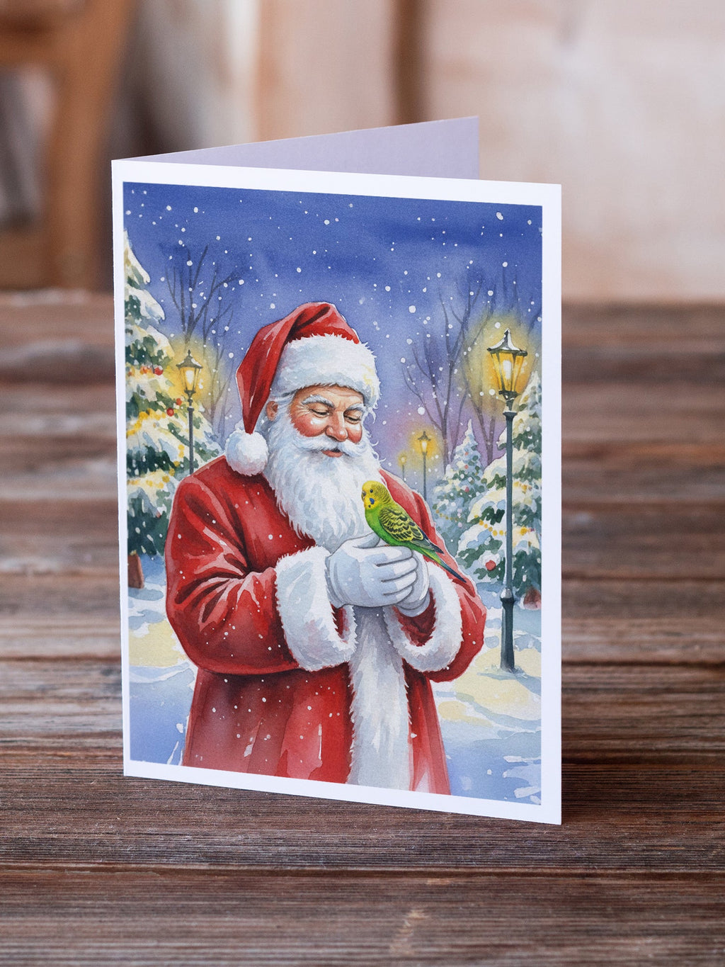 Budgerigar with Santa Claus Greeting Cards Pack of 8 Blank Cards with Envelopes Whimsical A7 Size 5x7