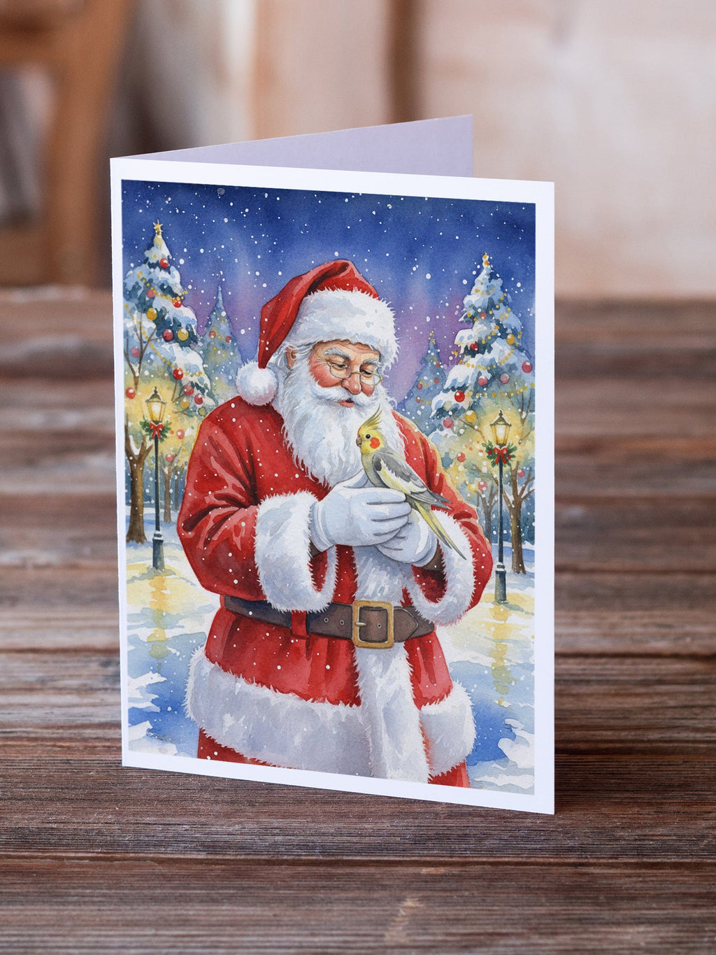 Cockatiel with Santa Claus Greeting Cards Pack of 8 Blank Cards with Envelopes Whimsical A7 Size 5x7