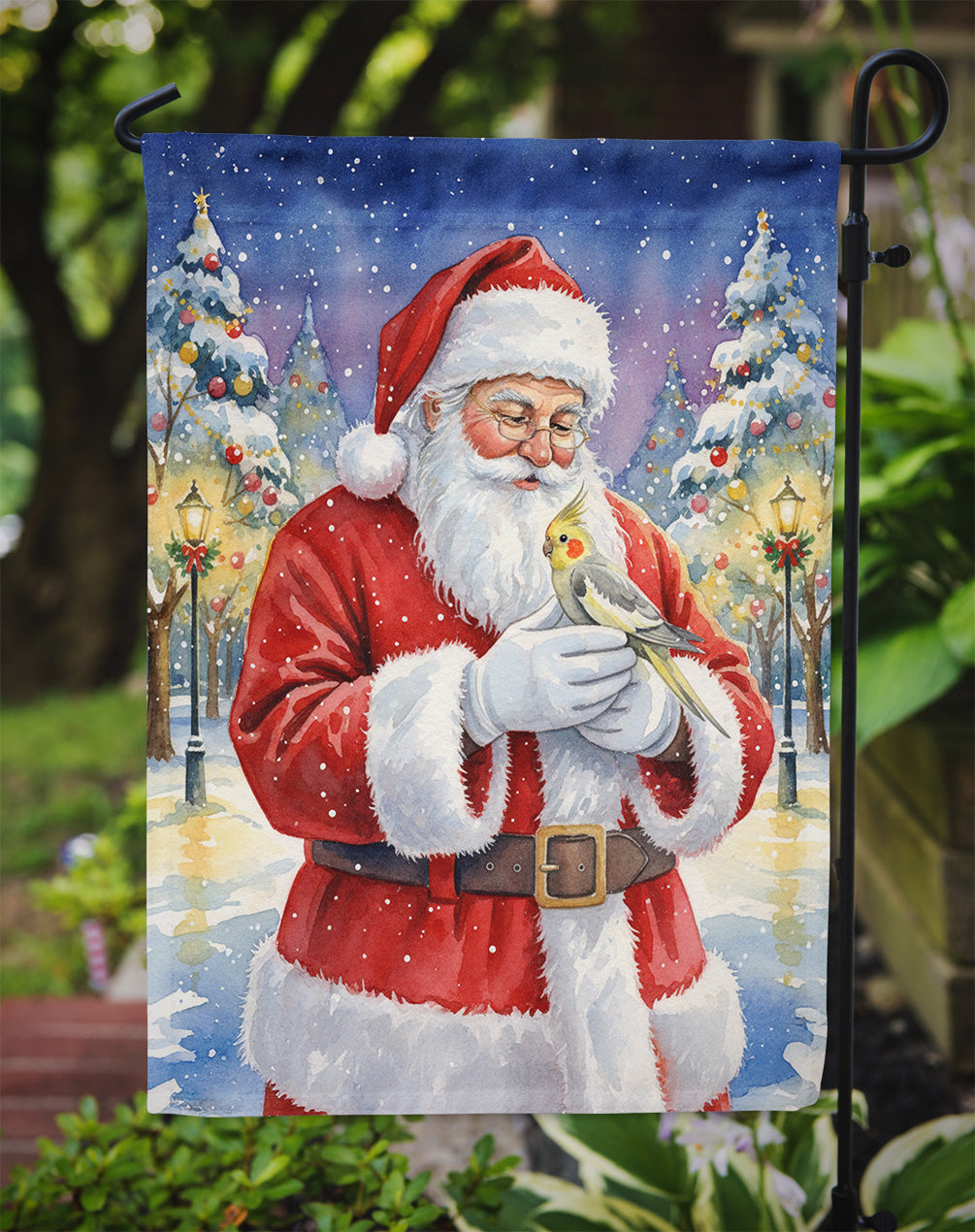 Cockatiel with Santa Claus Garden Flag Mailbox Decorative Yard Banner Outside Patio Artwork for Flower Beds, Garden Size, Multicolor