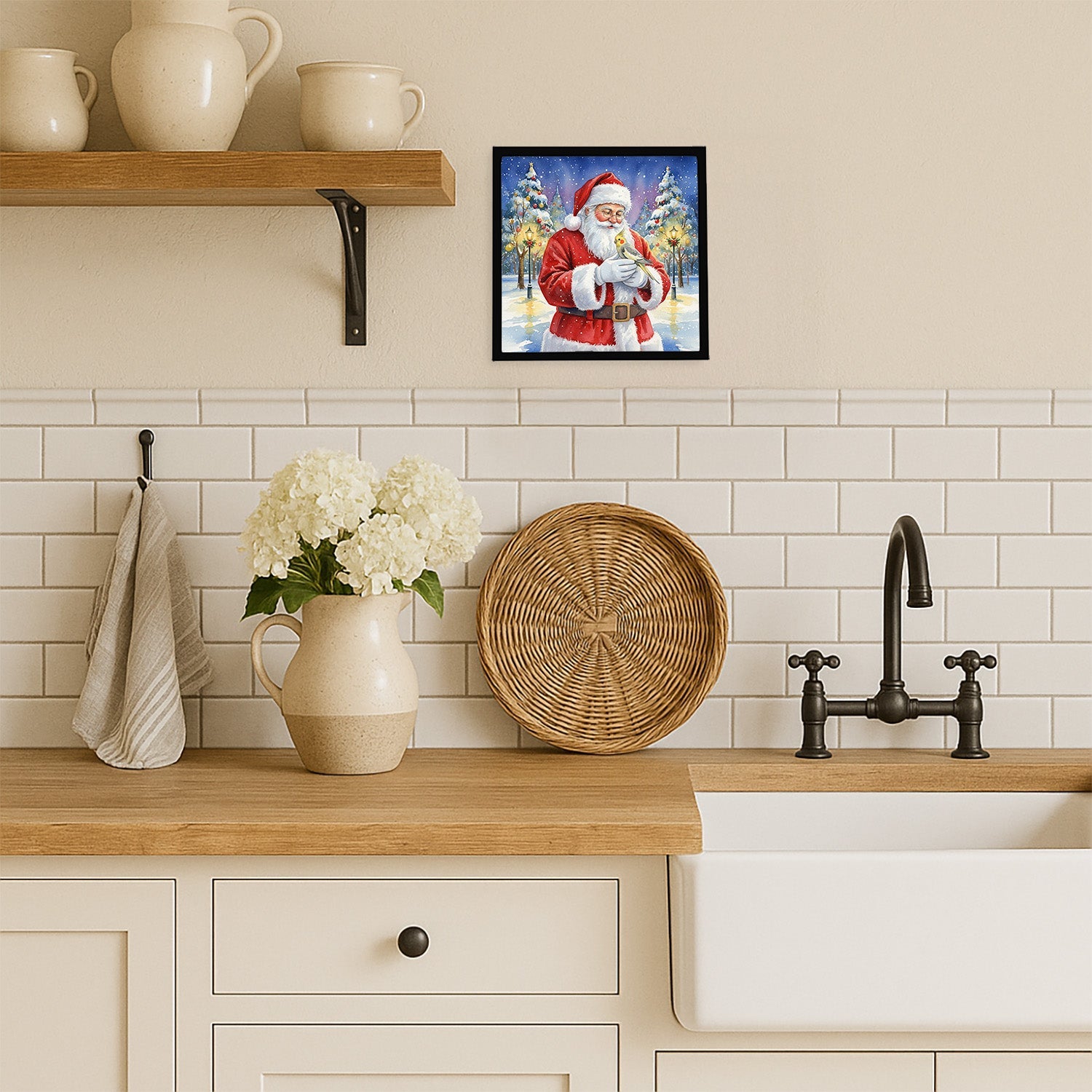 Cockatiel with Santa Claus Framed Metal Print Bathroom, Kitchen, Office, Home Decor Wall Art Ready to Hang, Square, 8X8