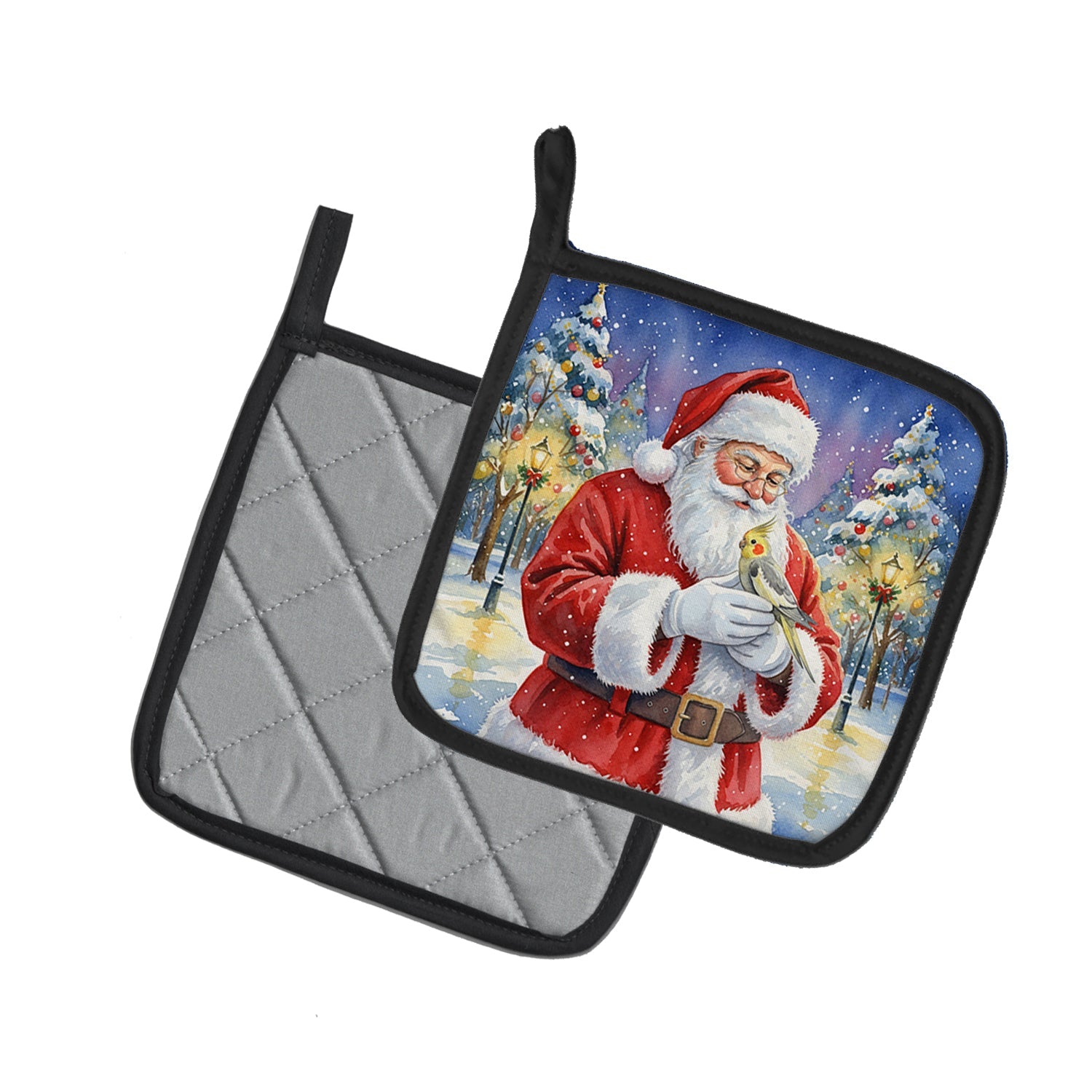 Cockatiel with Santa Claus Pot Holder Set of 2 Heat Resistant Quilted Hot Pads 7.5 x 7.5 Inch, Insulated Kitchen Trivets for Cooking & Baking