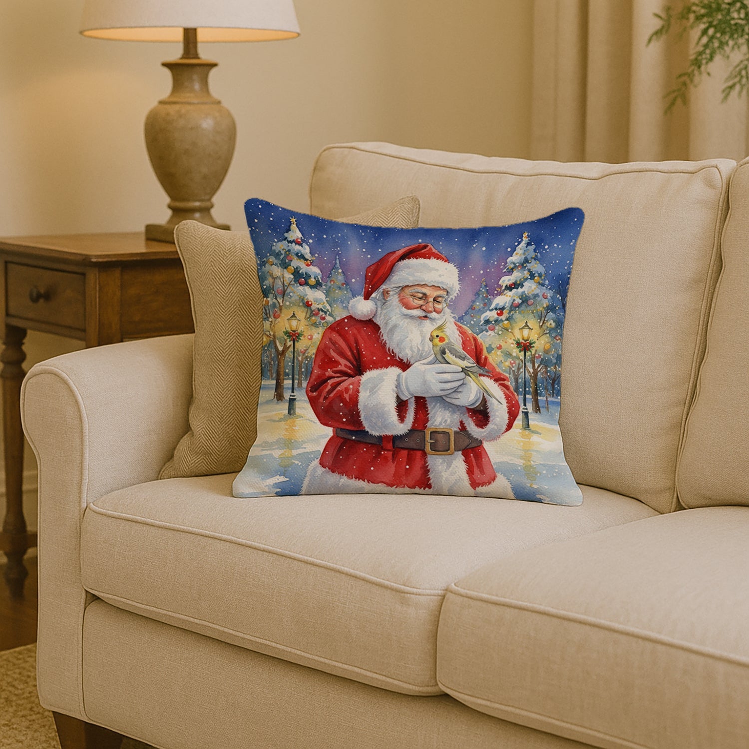 Cockatiel with Santa Claus Decorative Throw Pillow 14x14 Indoor Outdoor Accent Cushion, Fabric Cover with Insert for Sofa, Bed, Porch & Living Room