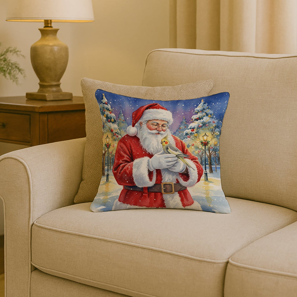 Cockatiel with Santa Claus Decorative Throw Pillow 18x18 Indoor Outdoor Accent Cushion, Fabric Cover with Insert for Sofa, Bed, Porch & Living Room
