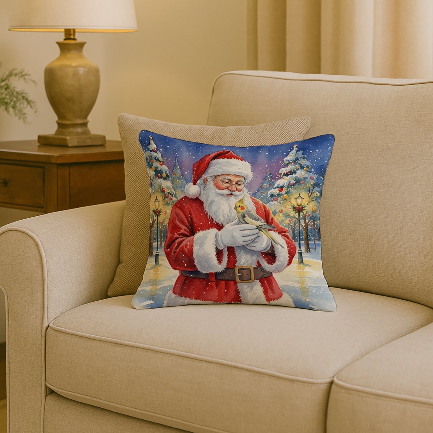 Cockatiel with Santa Claus Decorative Throw Pillow 18x18 Indoor Outdoor Accent Cushion, Fabric Cover with Insert for Sofa, Bed, Porch & Living Room