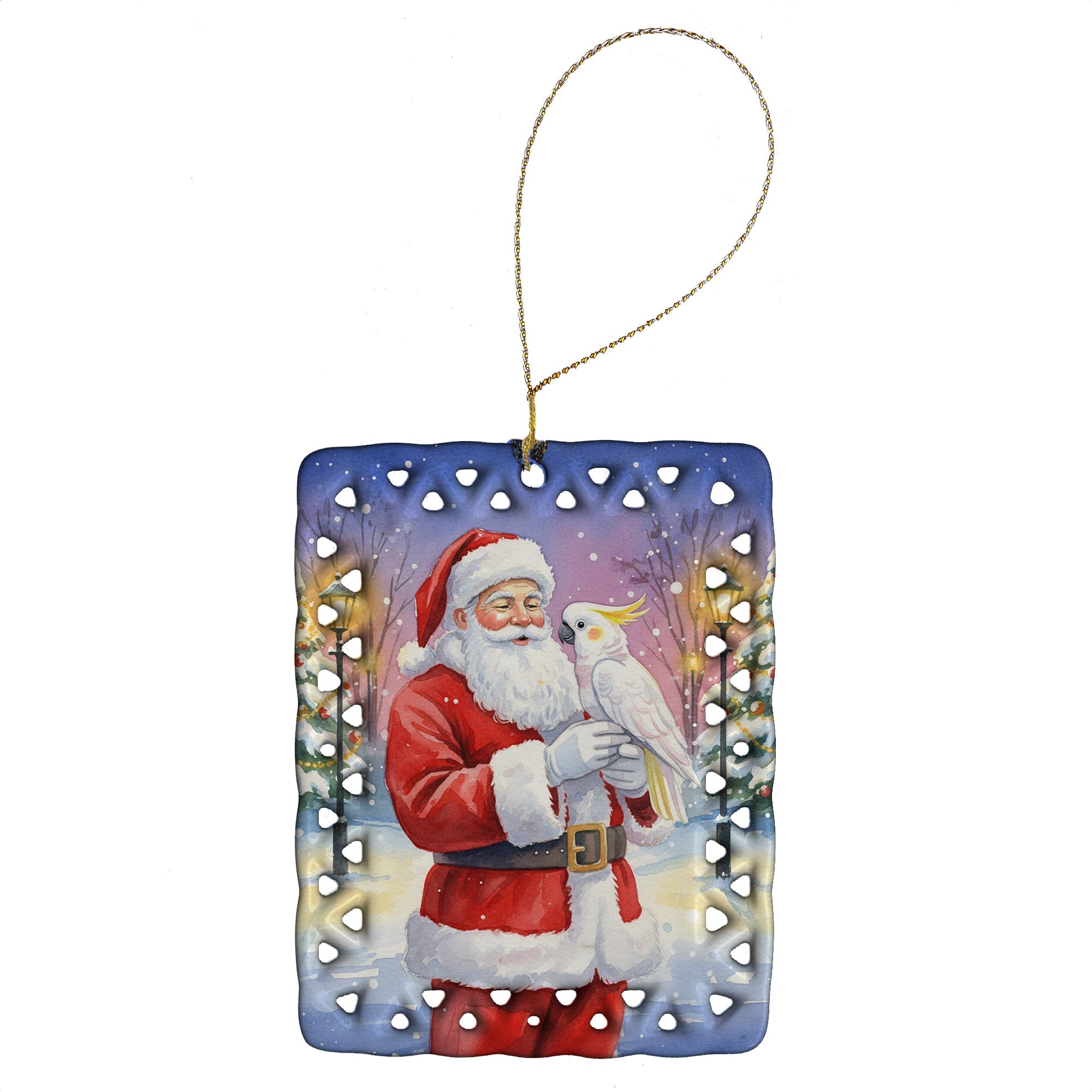 Cockatoo with Santa Claus Porcelain Ornament Christmas Tree Hanging Decorations for Home Christmas Holiday, Rectangle, Gift, Multicolor