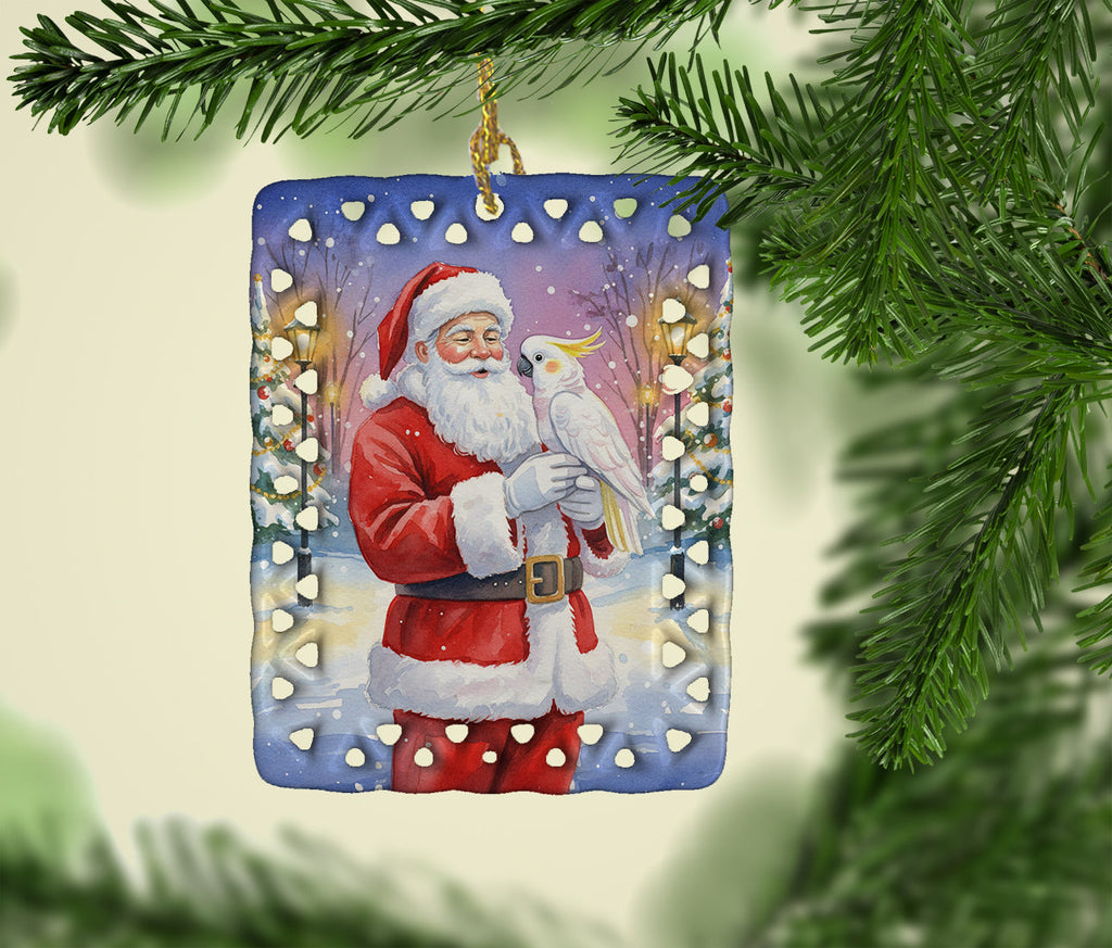 Cockatoo with Santa Claus Porcelain Ornament Christmas Tree Hanging Decorations for Home Christmas Holiday, Rectangle, Gift, Multicolor