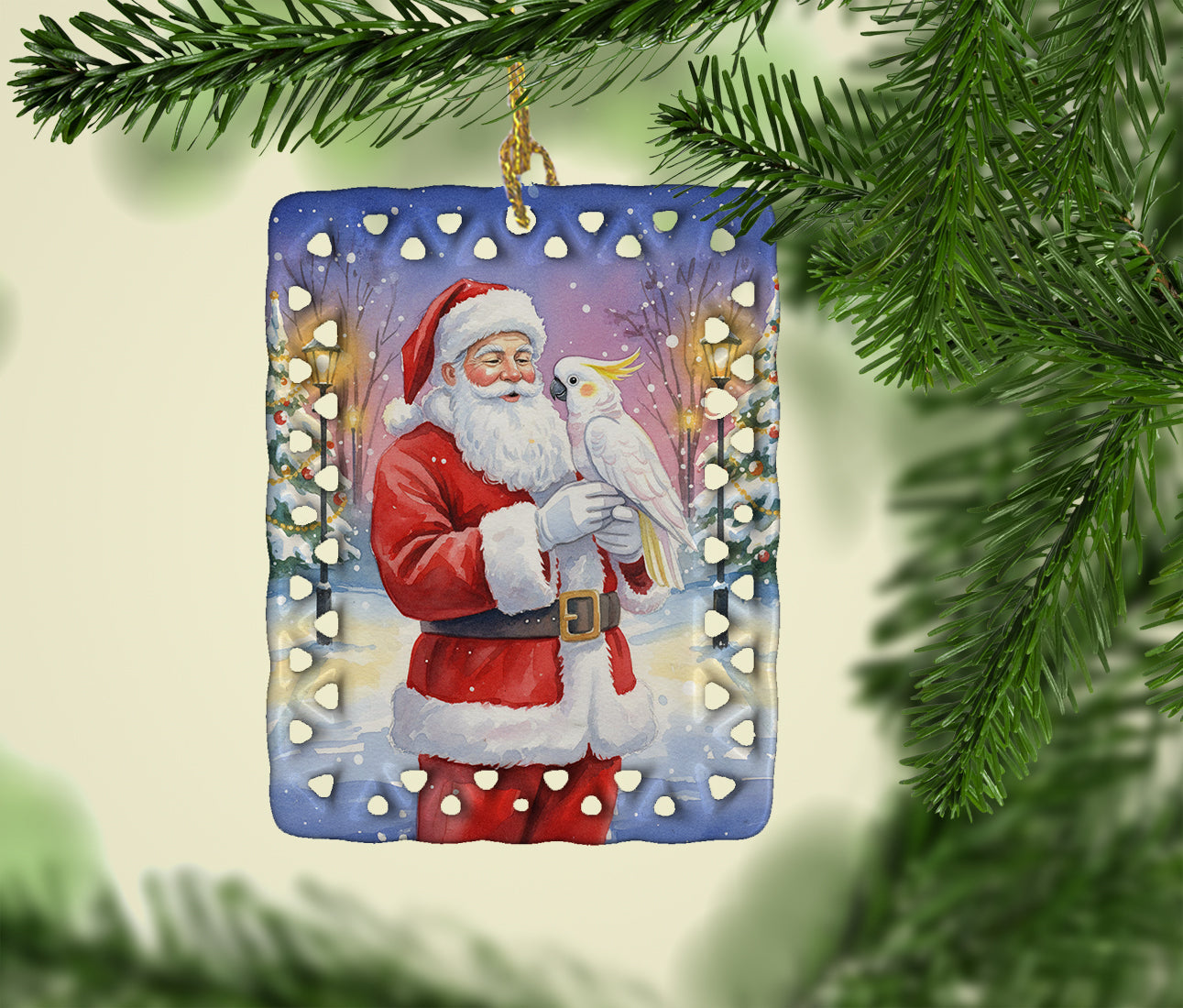 Cockatoo with Santa Claus Porcelain Ornament Christmas Tree Hanging Decorations for Home Christmas Holiday, Rectangle, Gift, Multicolor