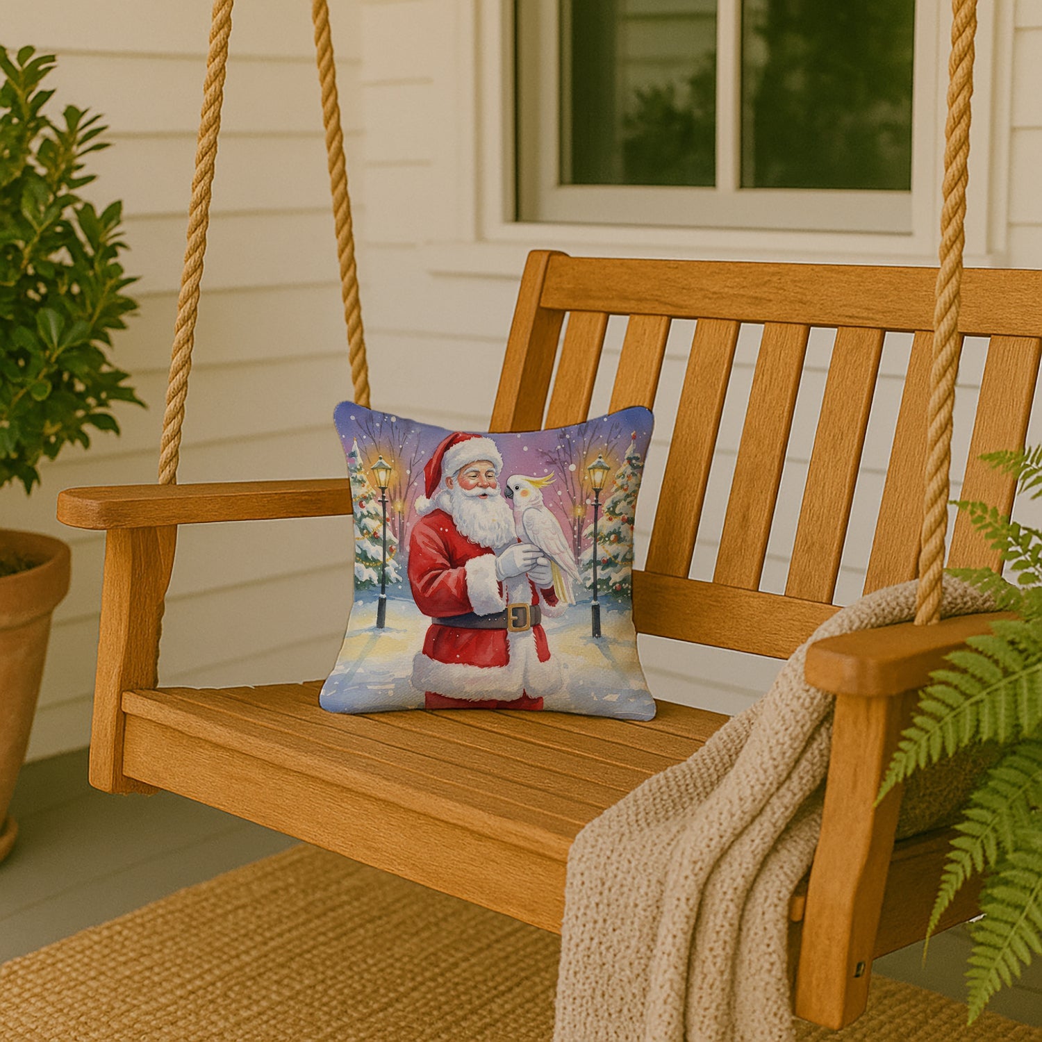 Cockatoo with Santa Claus Decorative Throw Pillow 14x14 Indoor Outdoor Accent Cushion, Fabric Cover with Insert for Sofa, Bed, Porch & Living Room