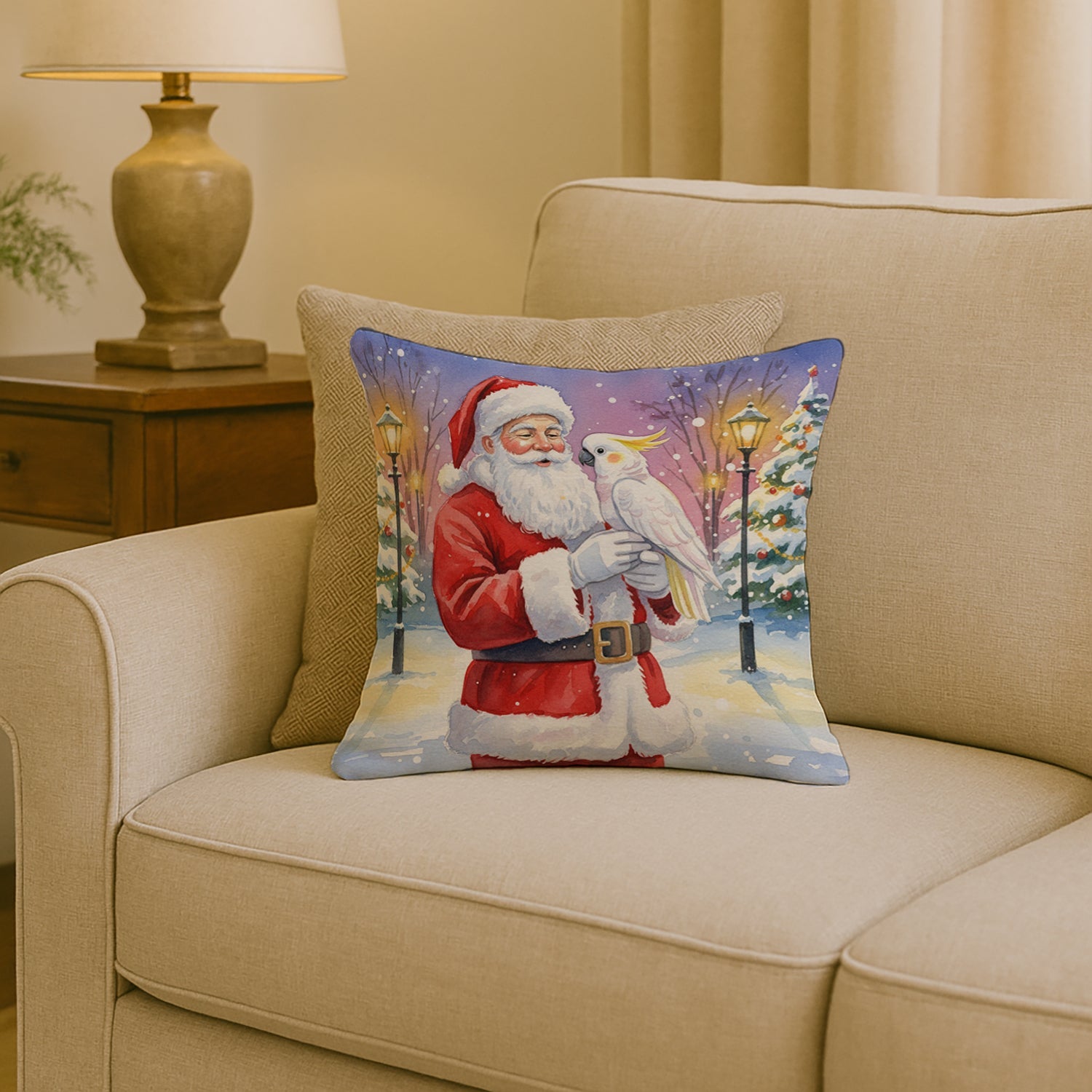 Cockatoo with Santa Claus Decorative Throw Pillow 18x18 Indoor Outdoor Accent Cushion, Fabric Cover with Insert for Sofa, Bed, Porch & Living Room