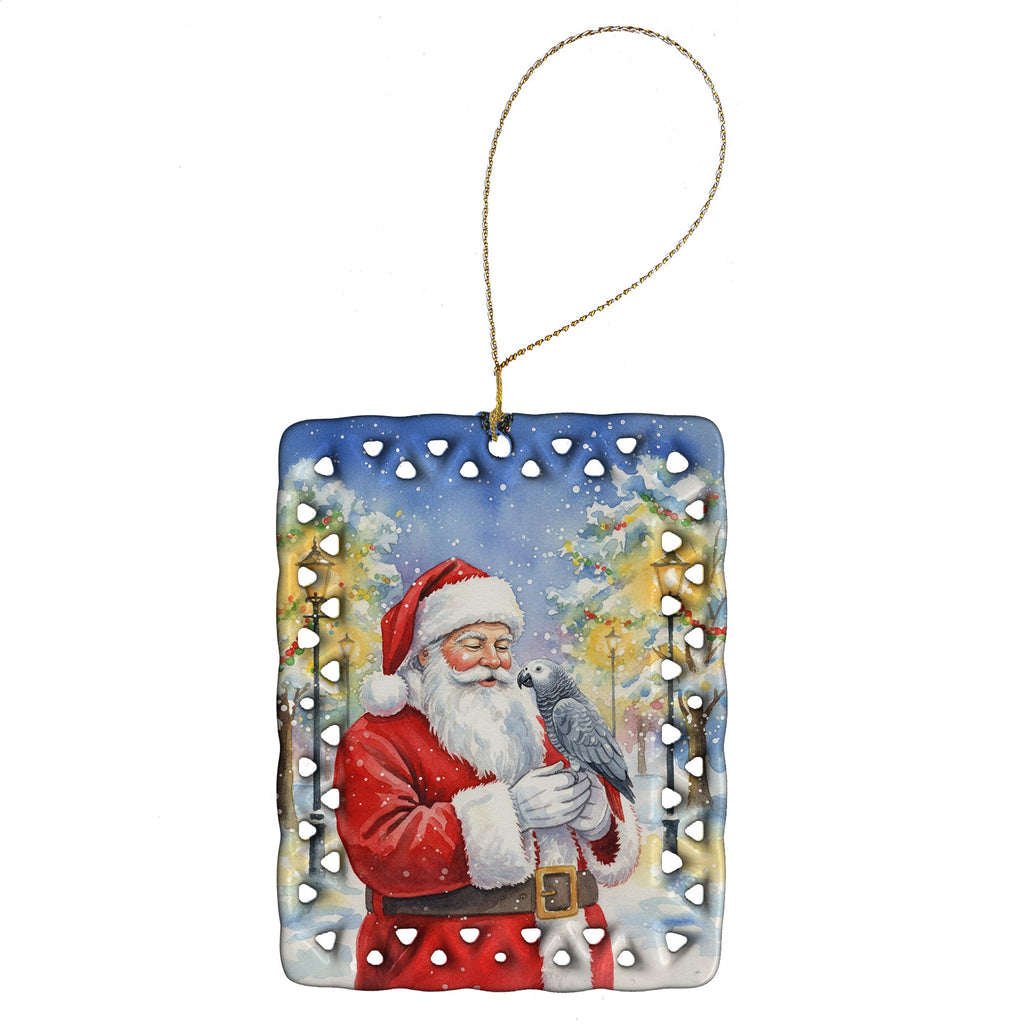 Congo African Grey Parrot with Santa Claus Porcelain Ornament Christmas Tree Hanging Decorations for Home Christmas Holiday, Rectangle, Gift, Multicolor