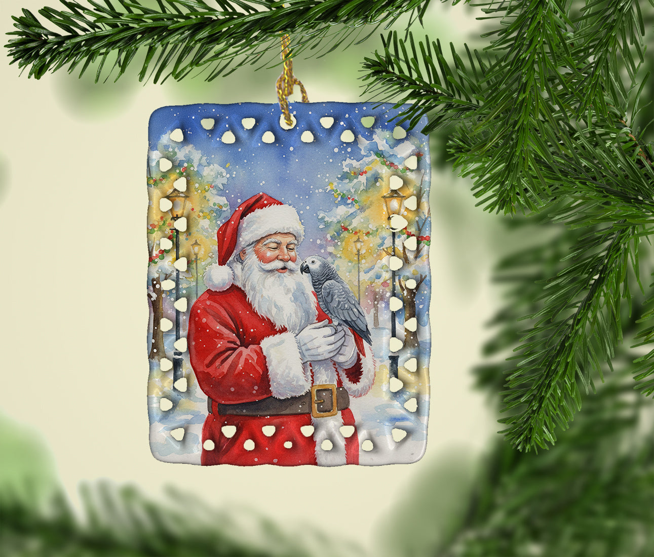 Congo African Grey Parrot with Santa Claus Porcelain Ornament Christmas Tree Hanging Decorations for Home Christmas Holiday, Rectangle, Gift, Multicolor