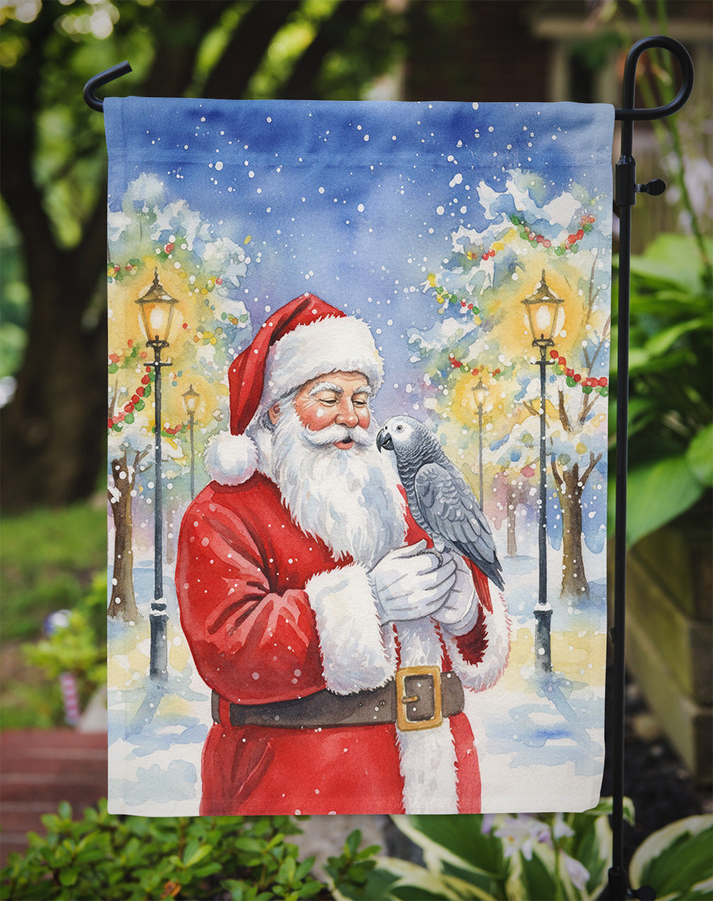 Congo African Grey Parrot with Santa Claus Garden Flag Mailbox Decorative Yard Banner Outside Patio Artwork for Flower Beds, Garden Size, Multicolor