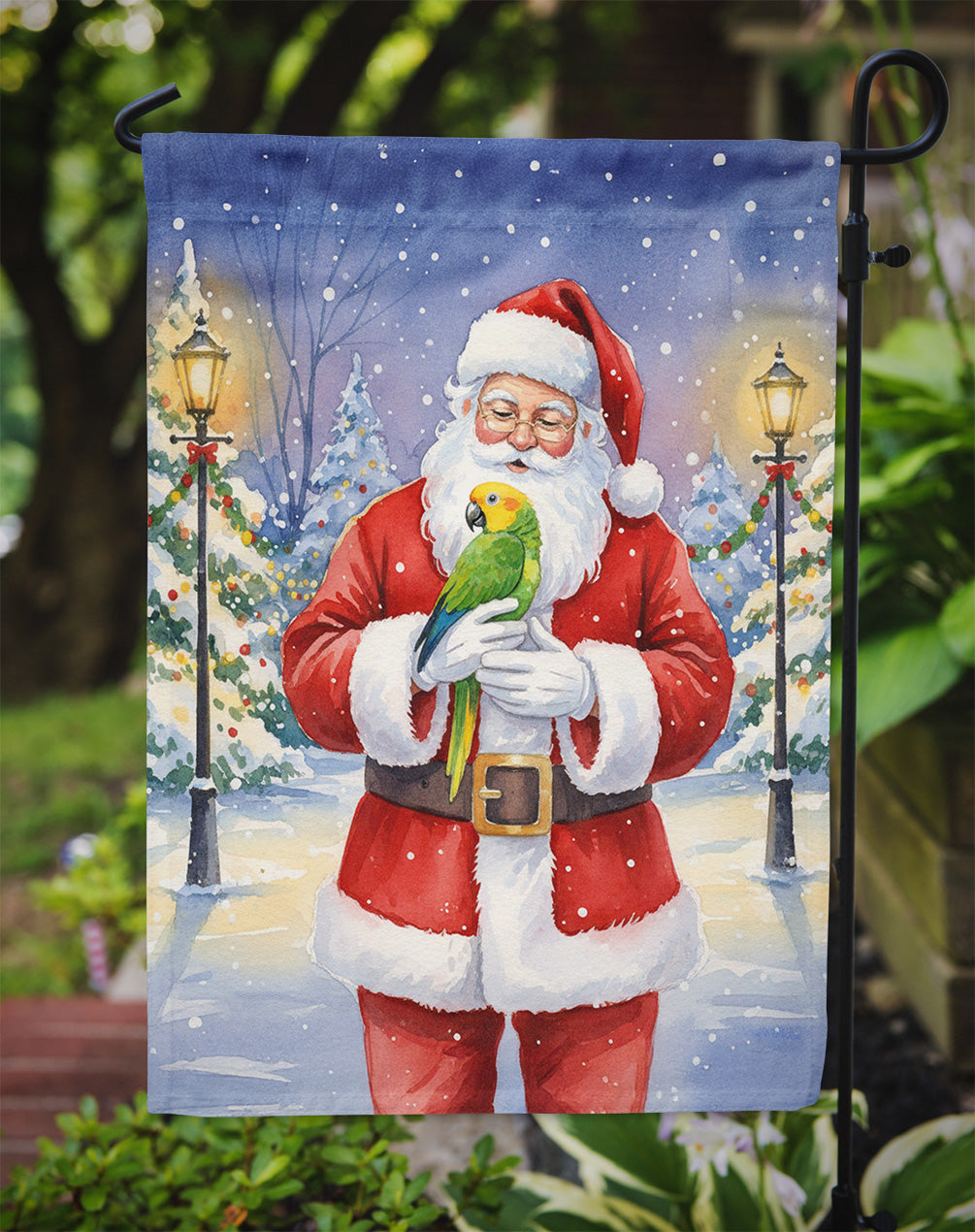 Double Yellow Headed Amazon Parrot with Santa Claus Garden Flag Mailbox Decorative Yard Banner Outside Patio Artwork for Flower Beds, Garden Size, Multicolor
