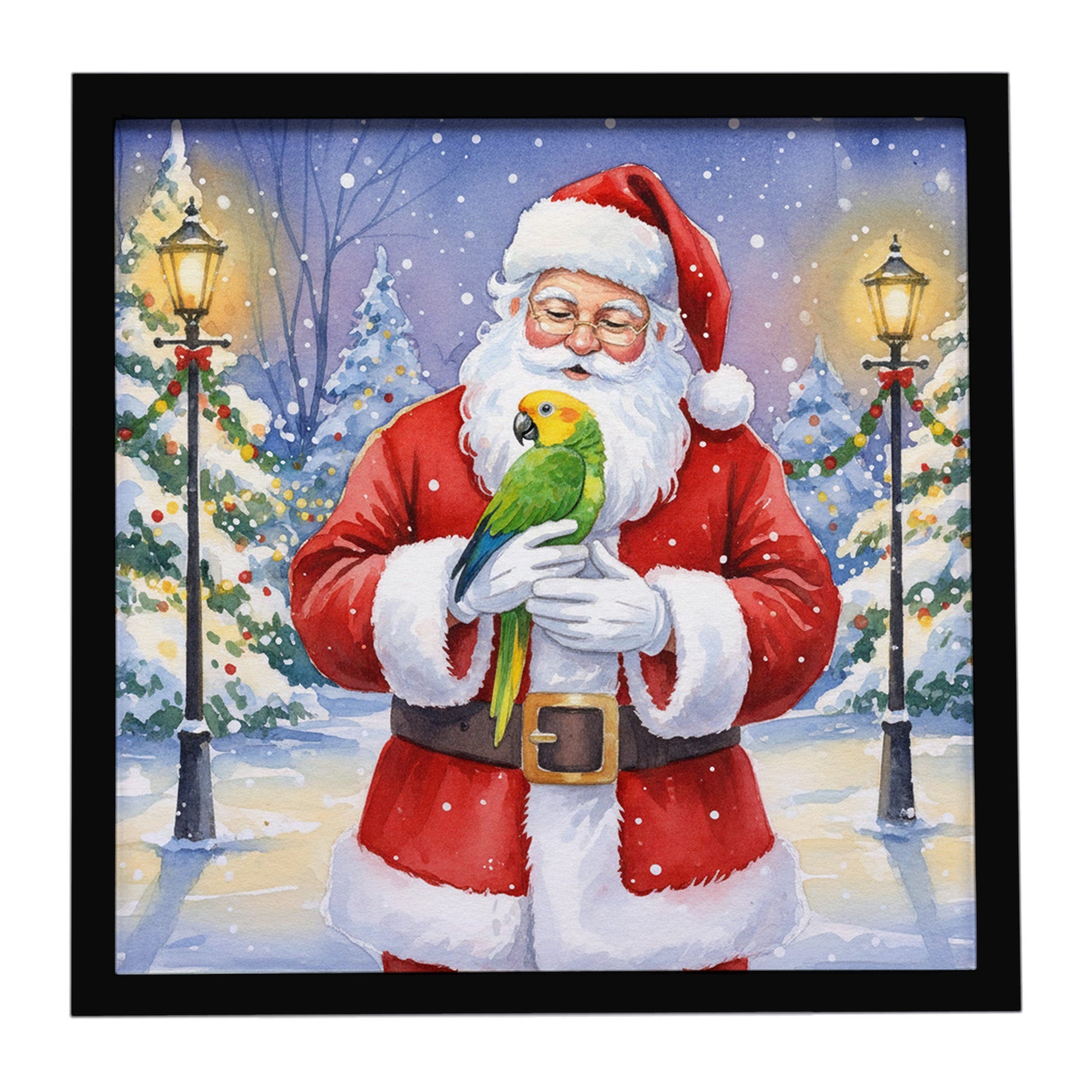 Double Yellow Headed Amazon Parrot with Santa Claus Framed Metal Print Bathroom, Kitchen, Office, Home Decor Wall Art Ready to Hang, Square, 8X8