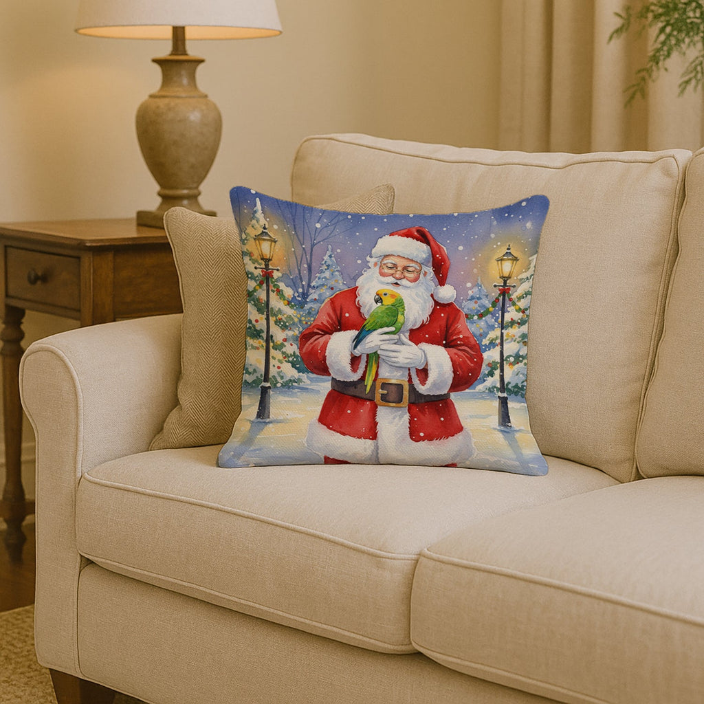 Double Yellow Headed Amazon Parrot with Santa Claus Decorative Throw Pillow 14x14 Indoor Outdoor Accent Cushion, Fabric Cover with Insert for Sofa, Bed, Porch & Living Room