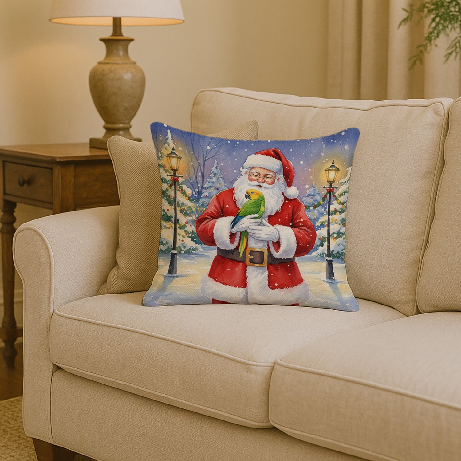 Double Yellow Headed Amazon Parrot with Santa Claus Decorative Throw Pillow 14x14 Indoor Outdoor Accent Cushion, Fabric Cover with Insert for Sofa, Bed, Porch & Living Room