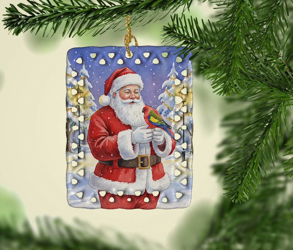 Eastern Rosella with Santa Claus Porcelain Ornament Christmas Tree Hanging Decorations for Home Christmas Holiday, Rectangle, Gift, Multicolor