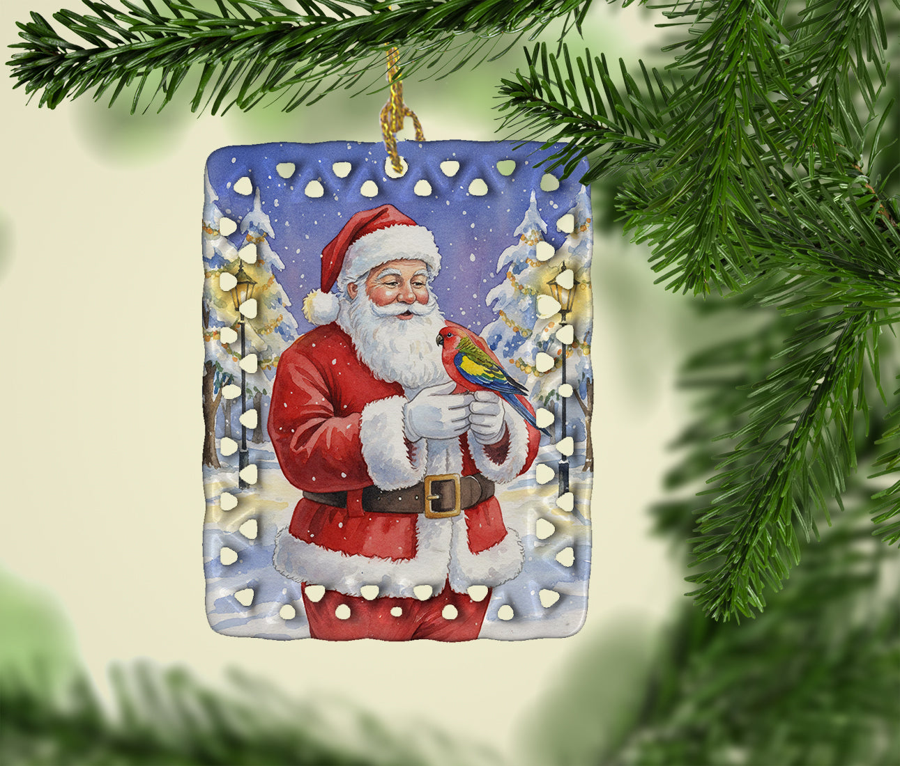 Eastern Rosella with Santa Claus Porcelain Ornament Christmas Tree Hanging Decorations for Home Christmas Holiday, Rectangle, Gift, Multicolor
