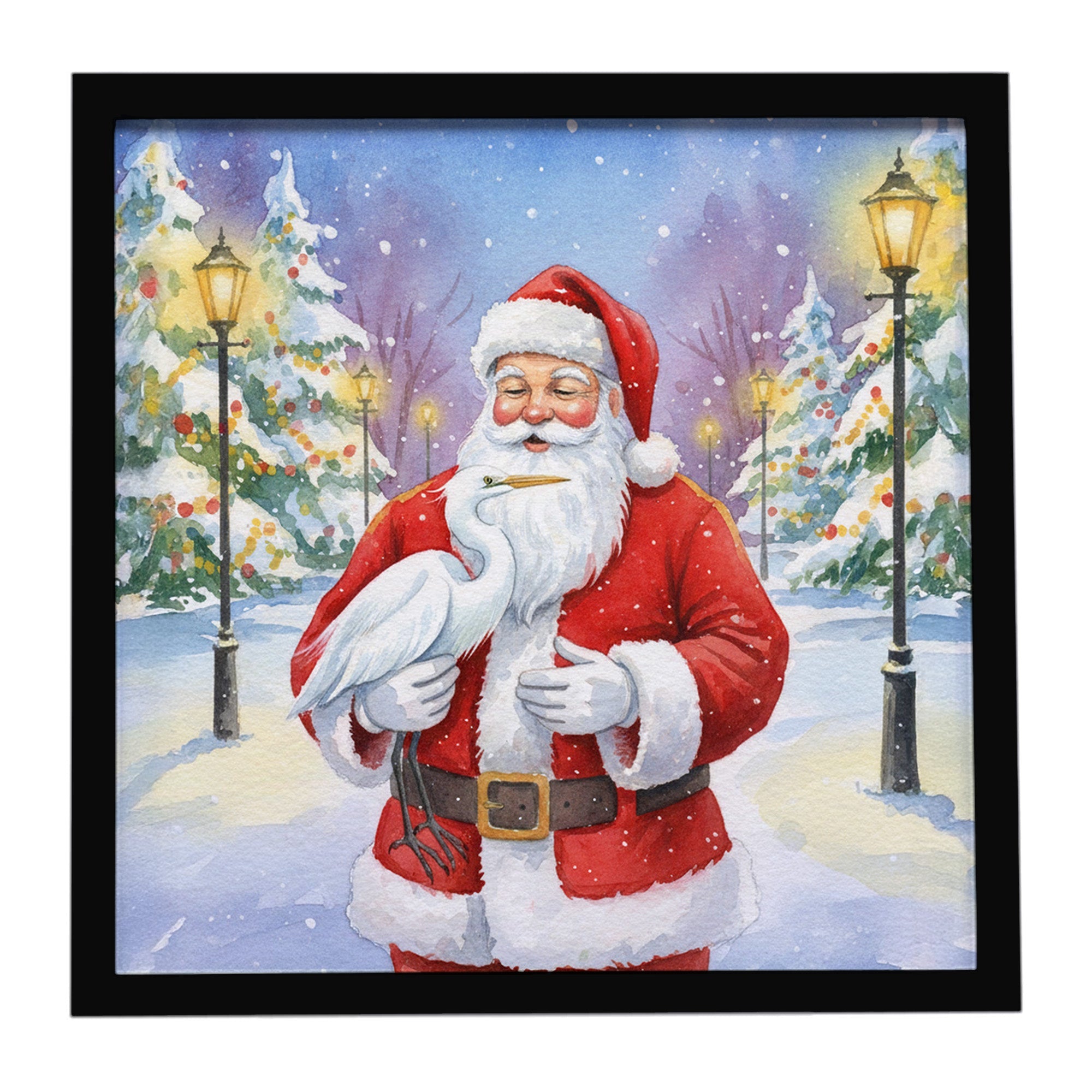 Egret with Santa Claus Framed Metal Print Bathroom, Kitchen, Office, Home Decor Wall Art Ready to Hang, Square, 8X8