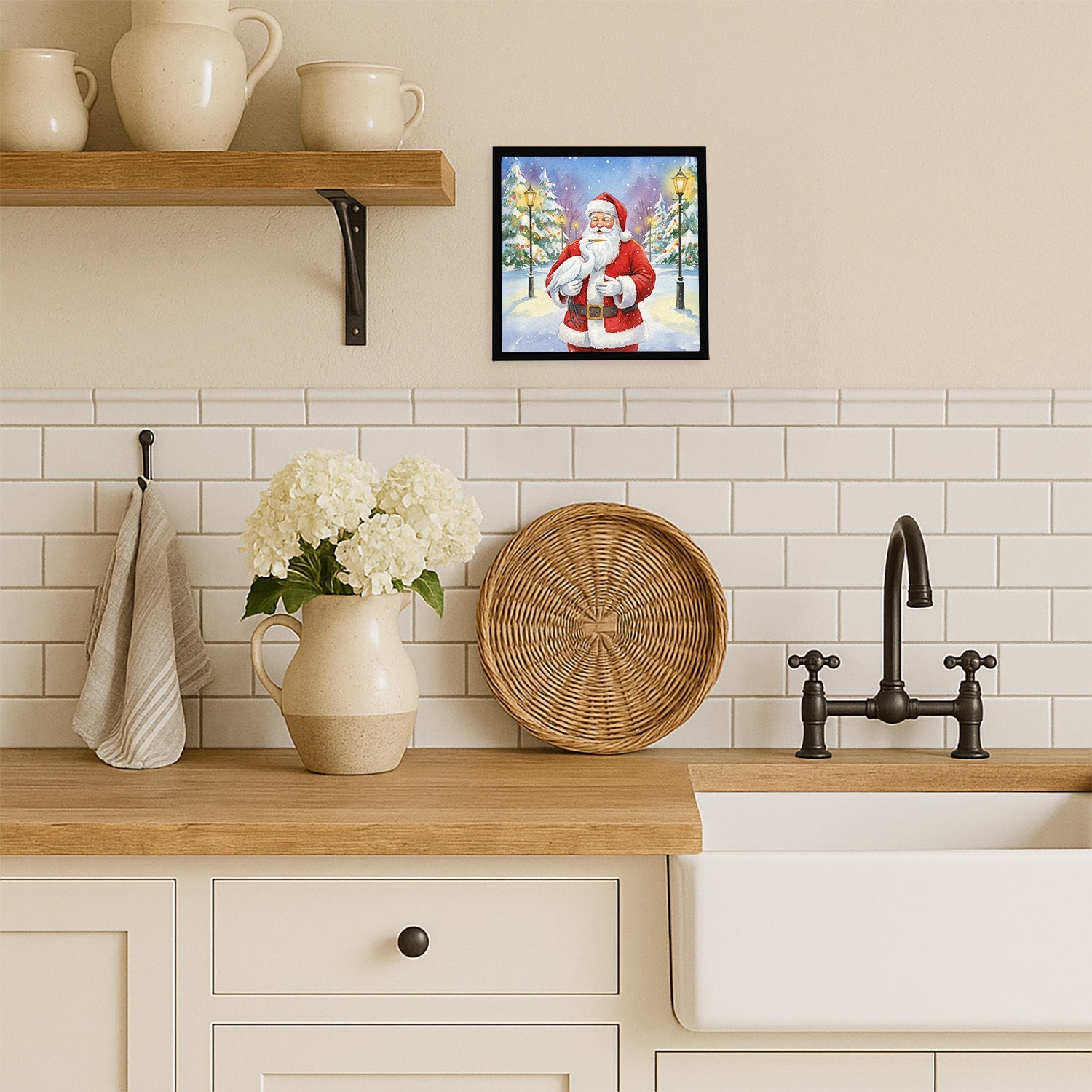 Egret with Santa Claus Framed Metal Print Bathroom, Kitchen, Office, Home Decor Wall Art Ready to Hang, Square, 8X8